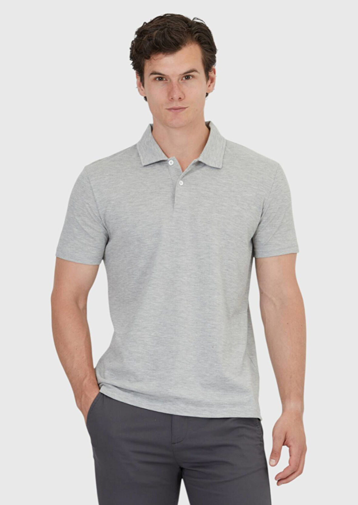 Açık Gri Düz Polo Yaka %100 Pamuk T-Shirt