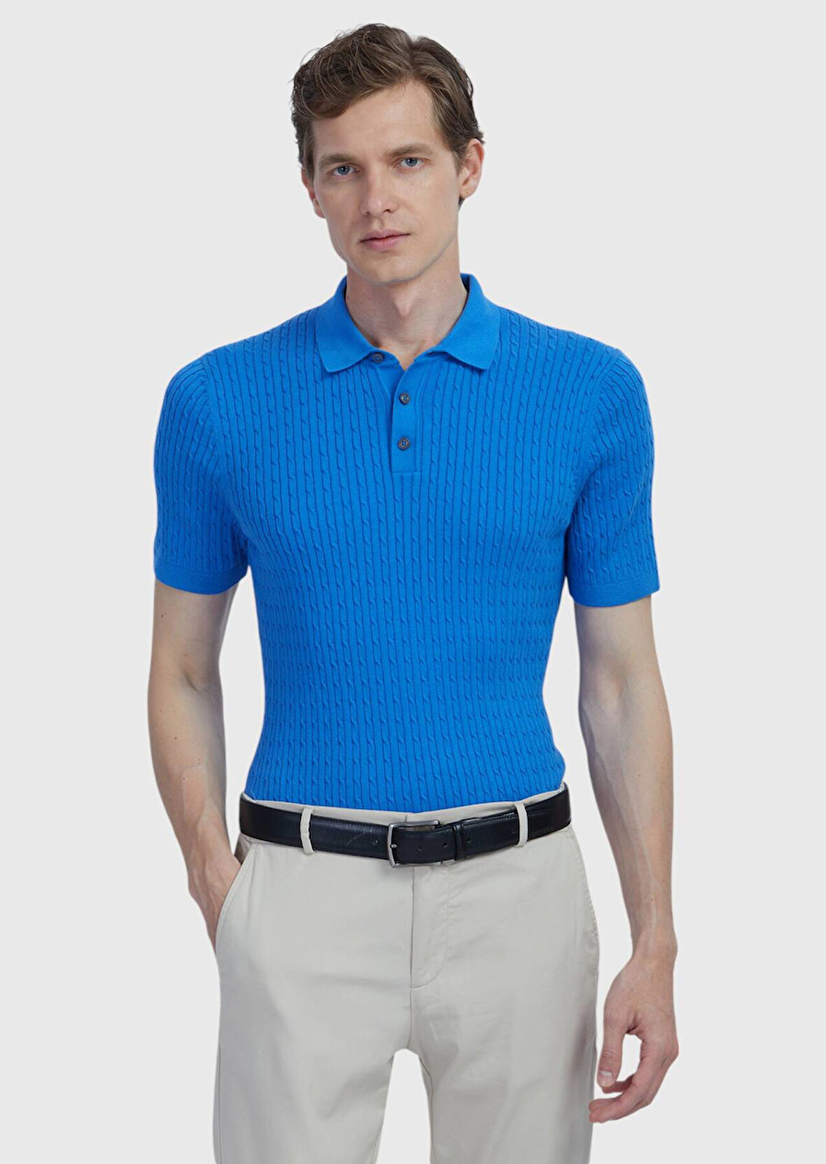 Mavi Polo Yaka Jakarlı Pamuk Karışımlı Triko