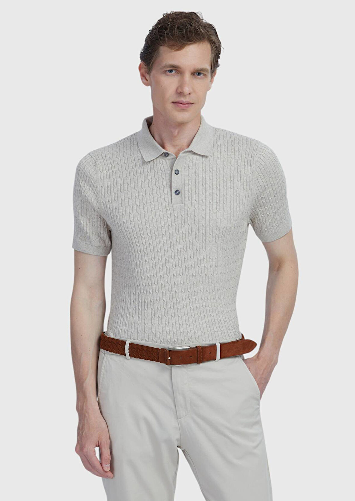 Bej Polo Yaka Jakarlı Pamuk Karışımlı Triko