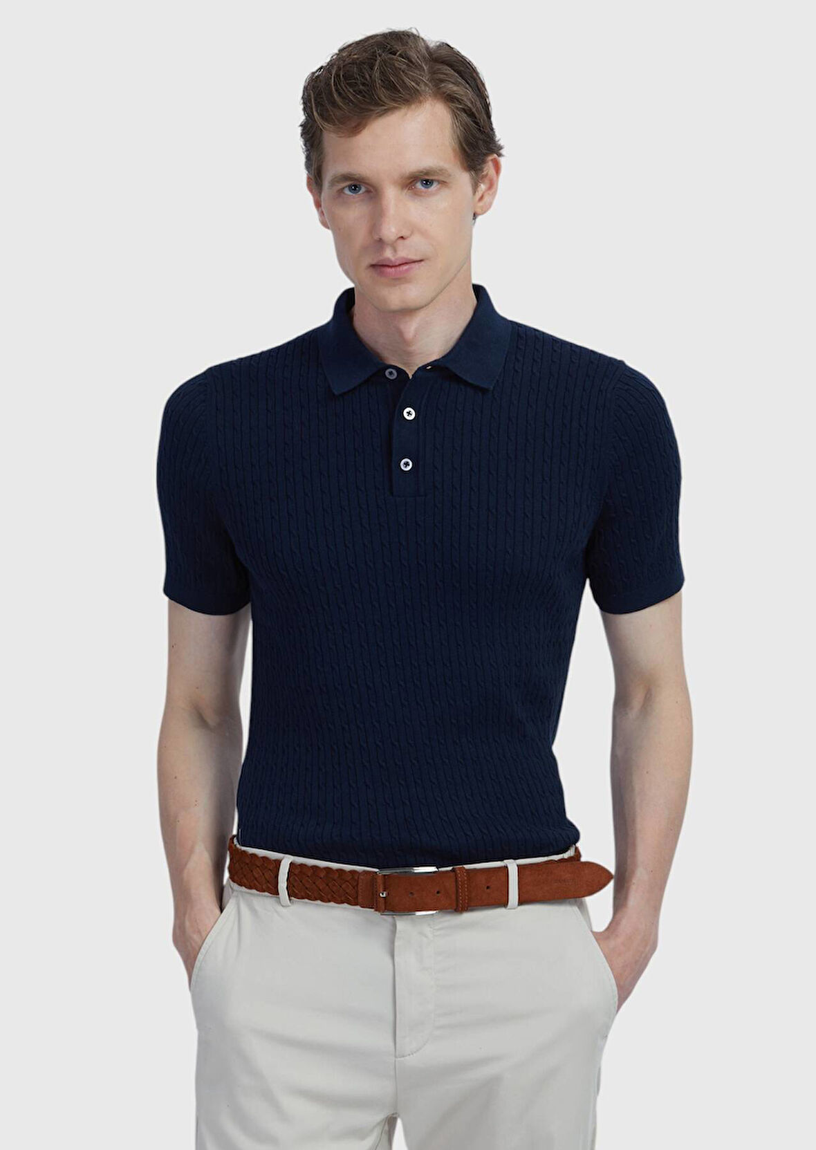 Lacivert Polo Yaka Jakarlı Pamuk Karışımlı Triko