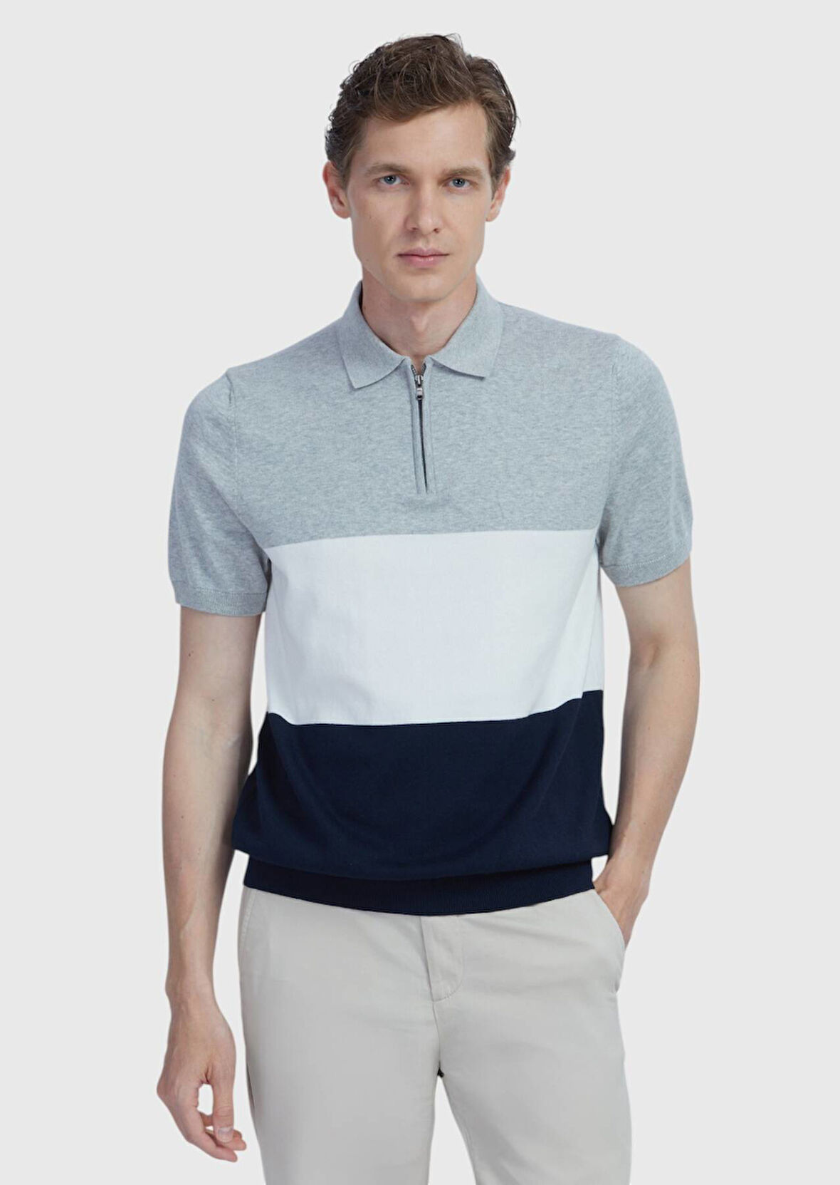 Lacivert Polo Yaka Çizgili Pamuk Karışımlı Triko