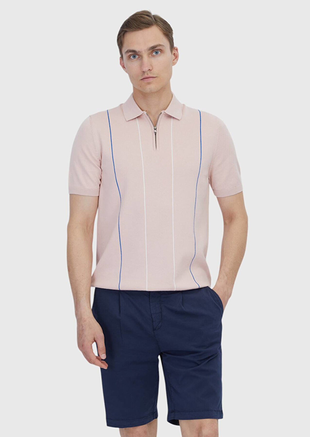 Pembe Polo Yaka Çizgili Pamuk Karışımlı Triko