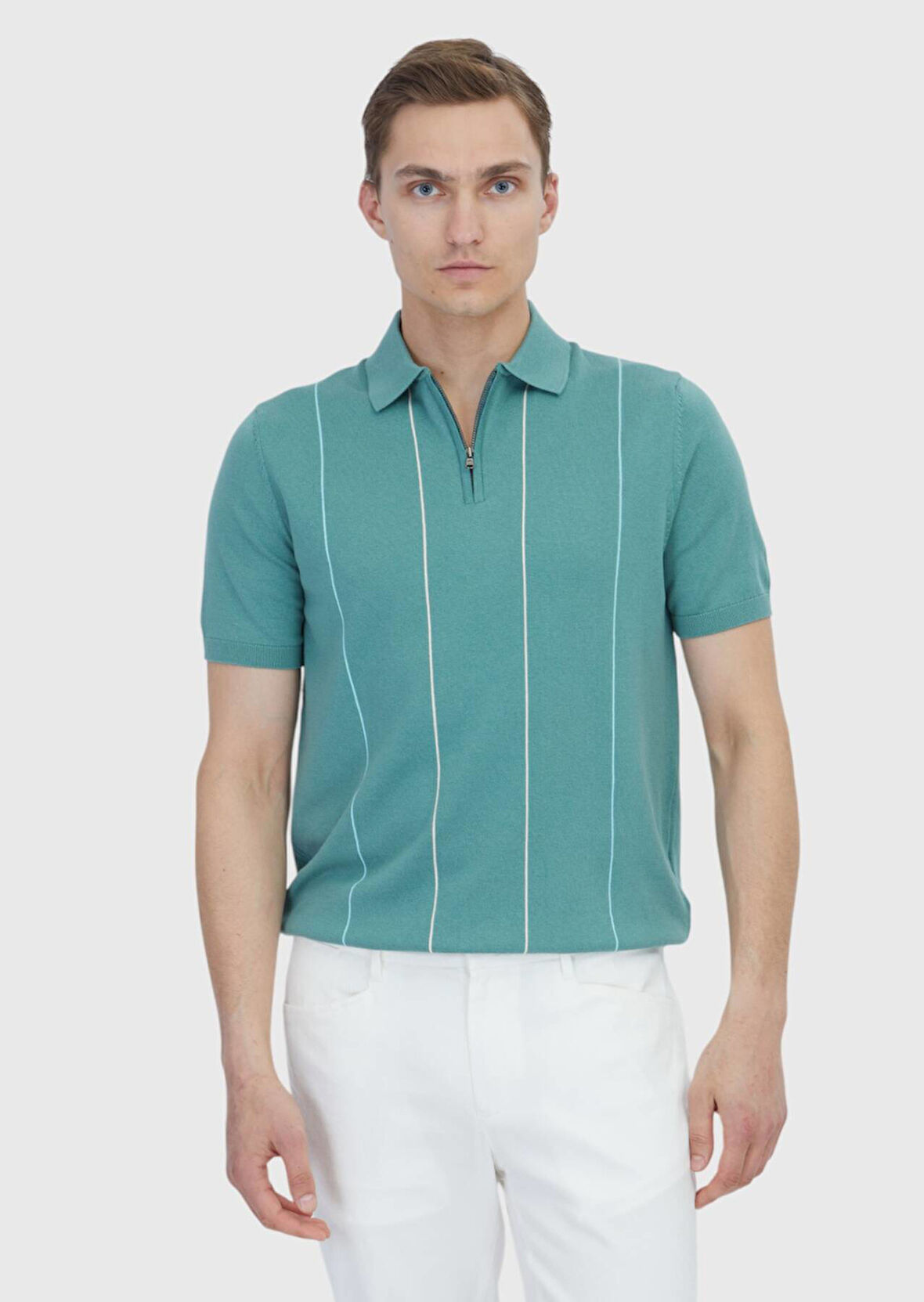 Yeşil Polo Yaka Çizgili Pamuk Karışımlı Triko
