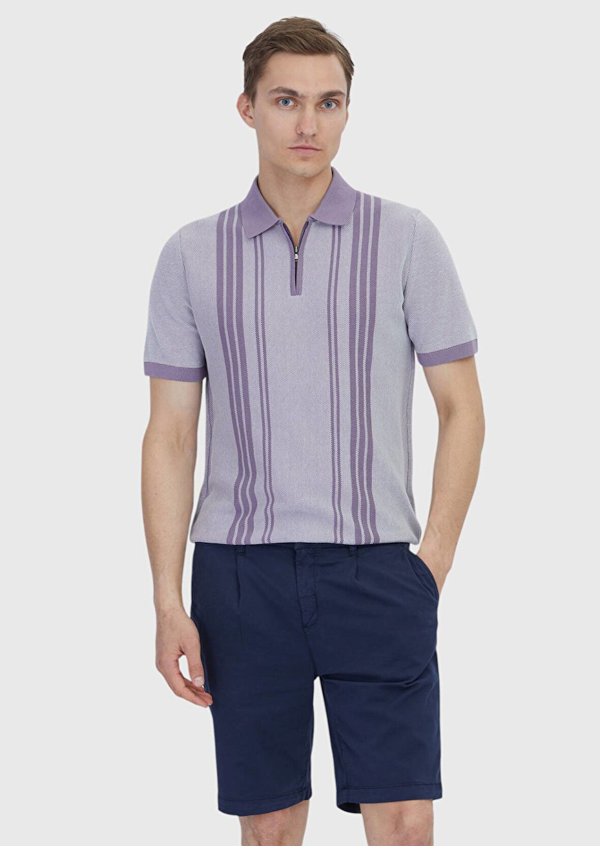Lila Polo Yaka Çizgili Pamuk Karışımlı Triko