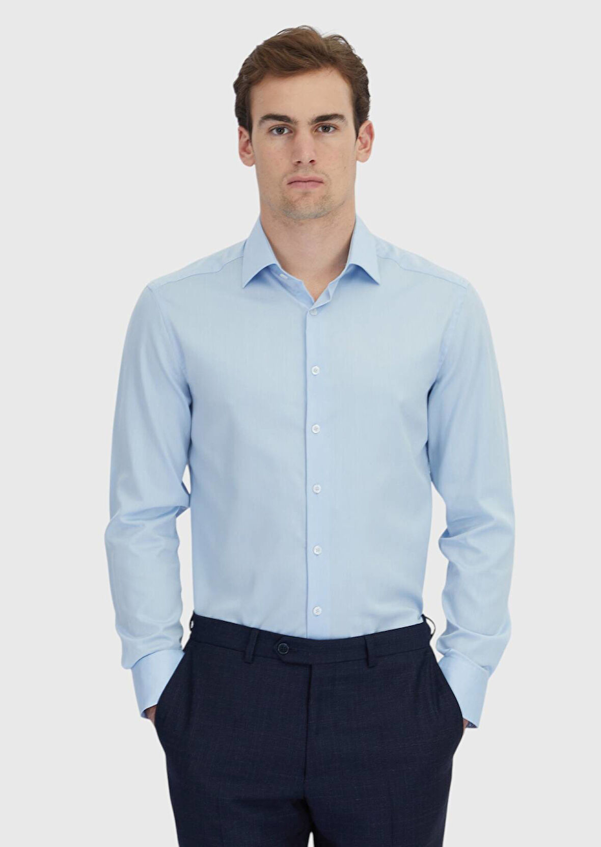 Mavi Çizgili Regular Fit Dokuma Klasik Pamuk Karışımlı Gömlek