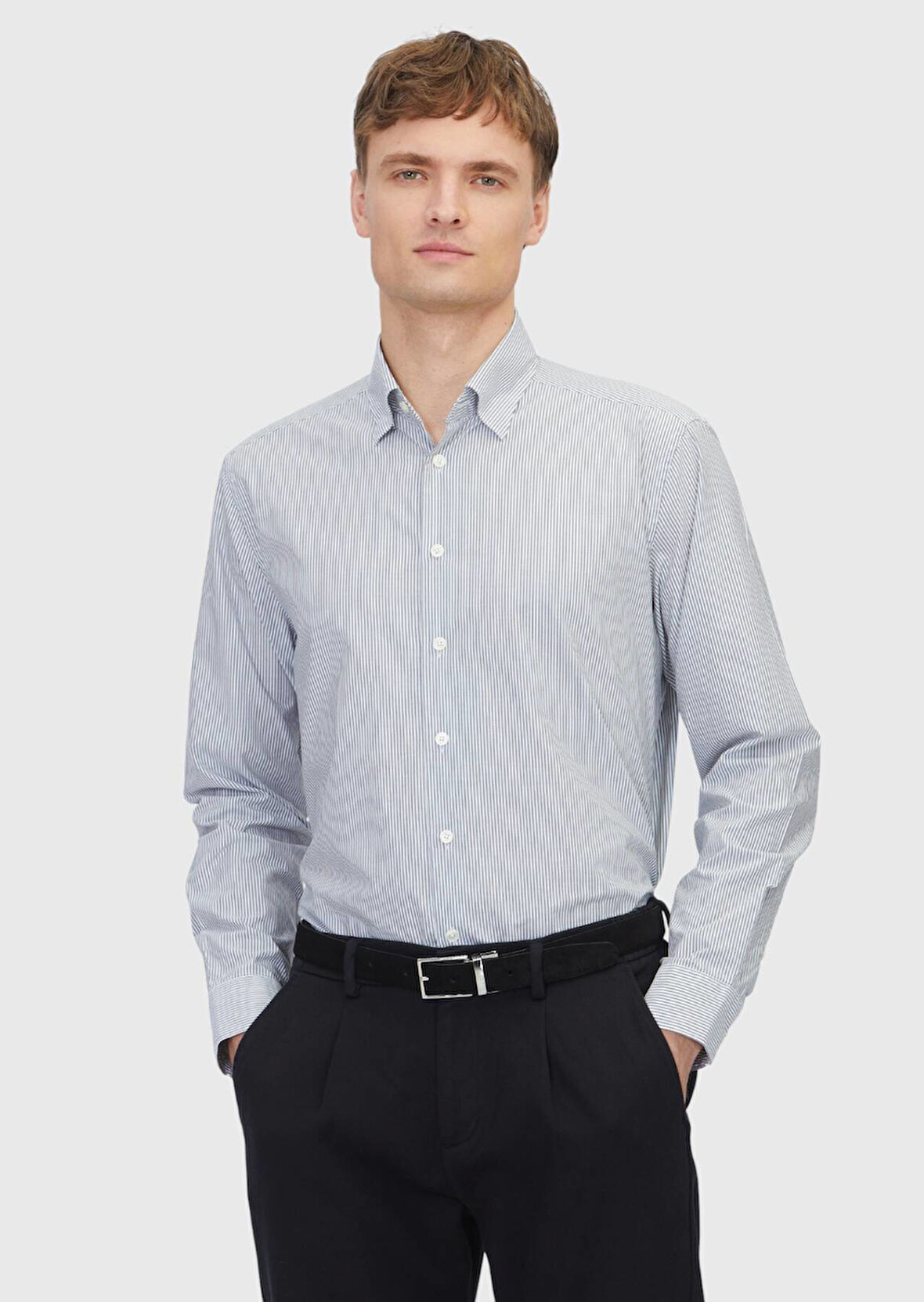 Gri Çizgili Casual Fit Dokuma Casual %100 Pamuk Gömlek