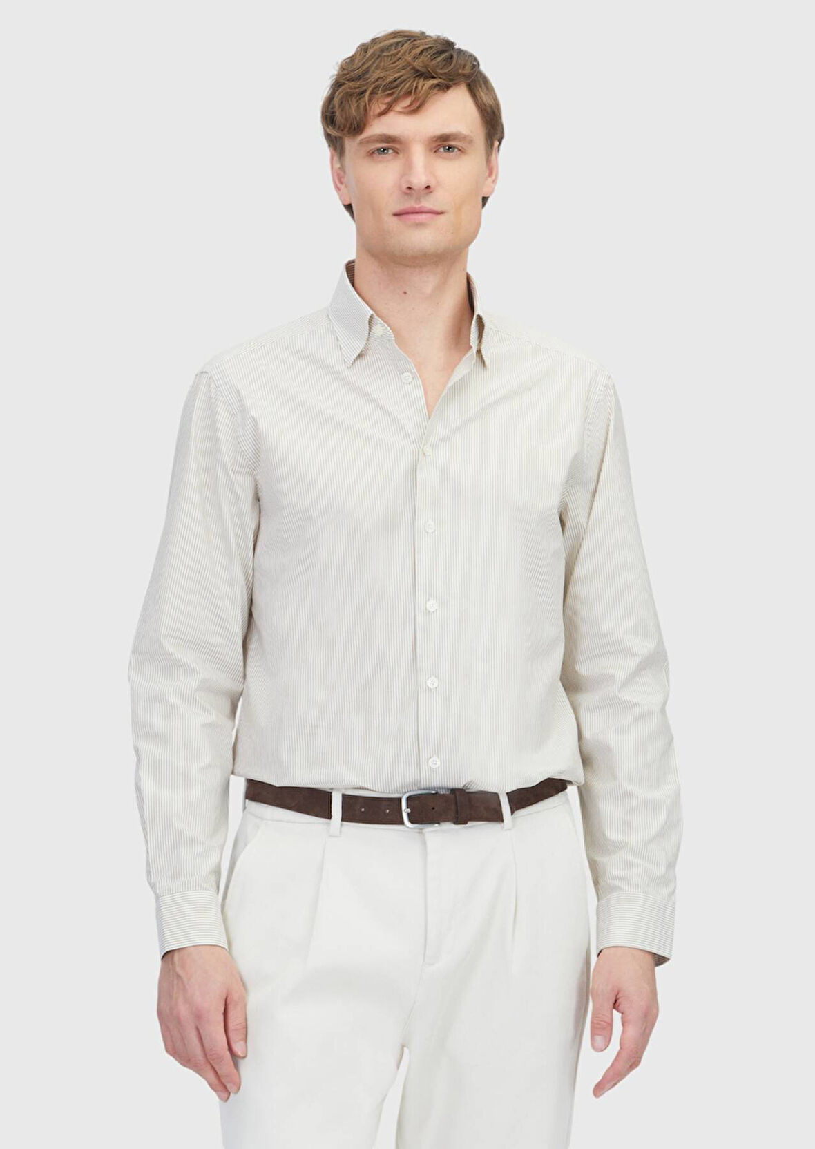 Hardal Çizgili Casual Fit Dokuma Casual %100 Pamuk Gömlek