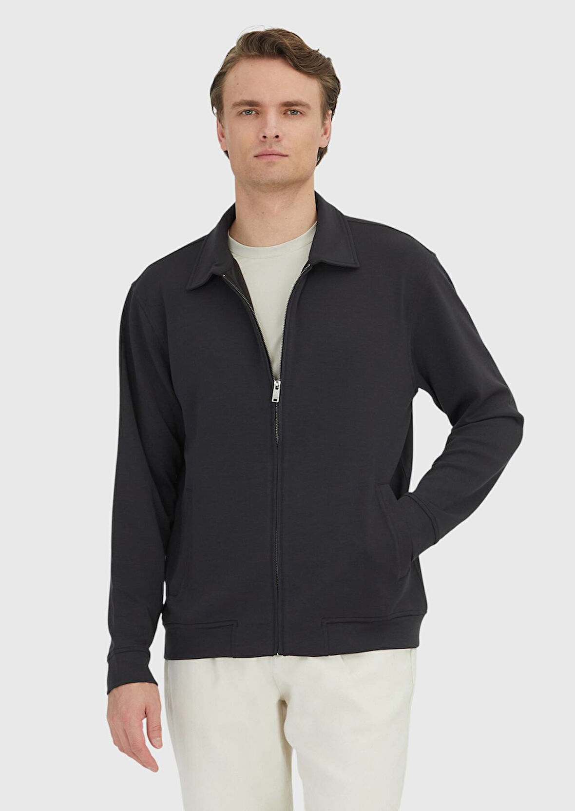 Antrasit Polo Yaka Düz Sweatshırt