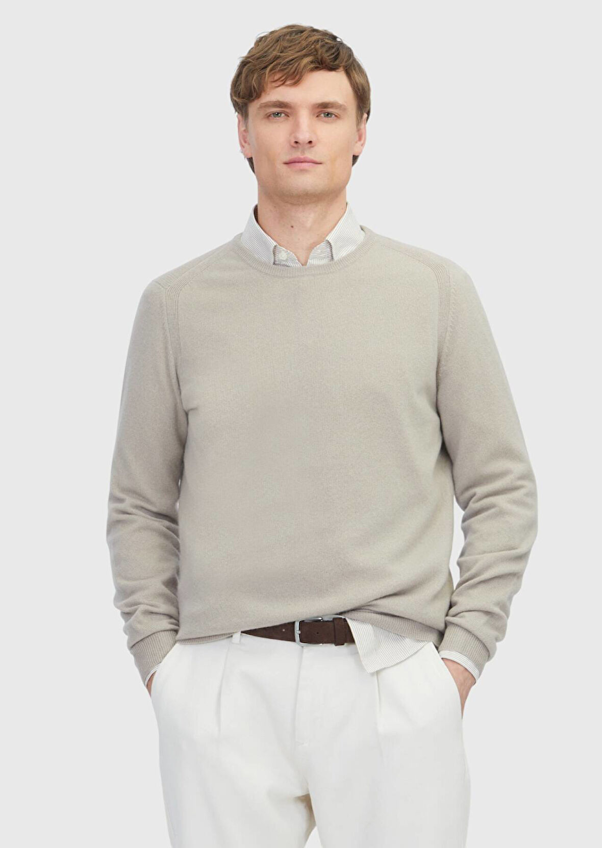 Bej Bisiklet Yaka Düz Örgü %100 Kaşmir Triko Kazak