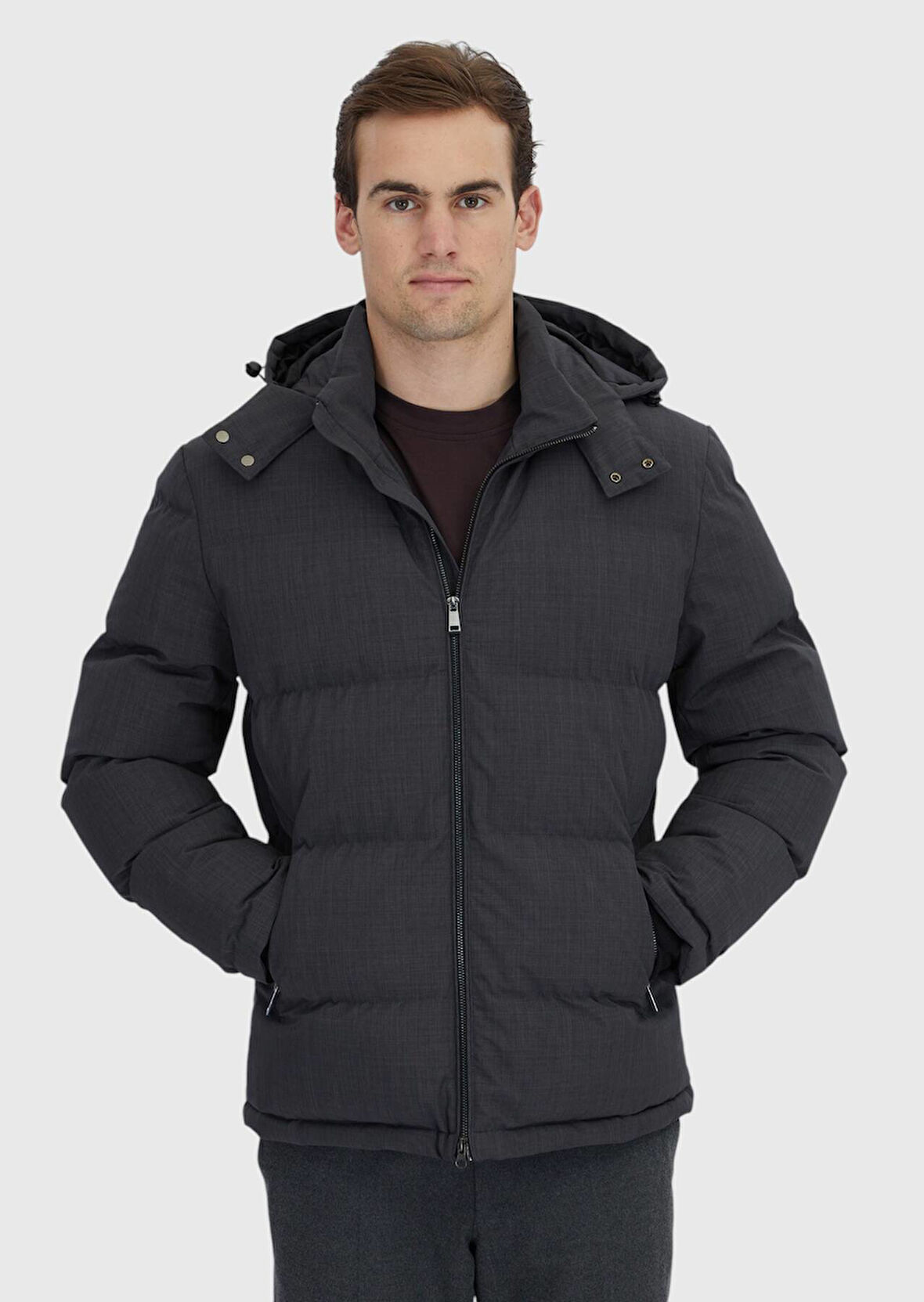 Antrasit Regular Fit Kapüşonlu Casual Dokuma Mont