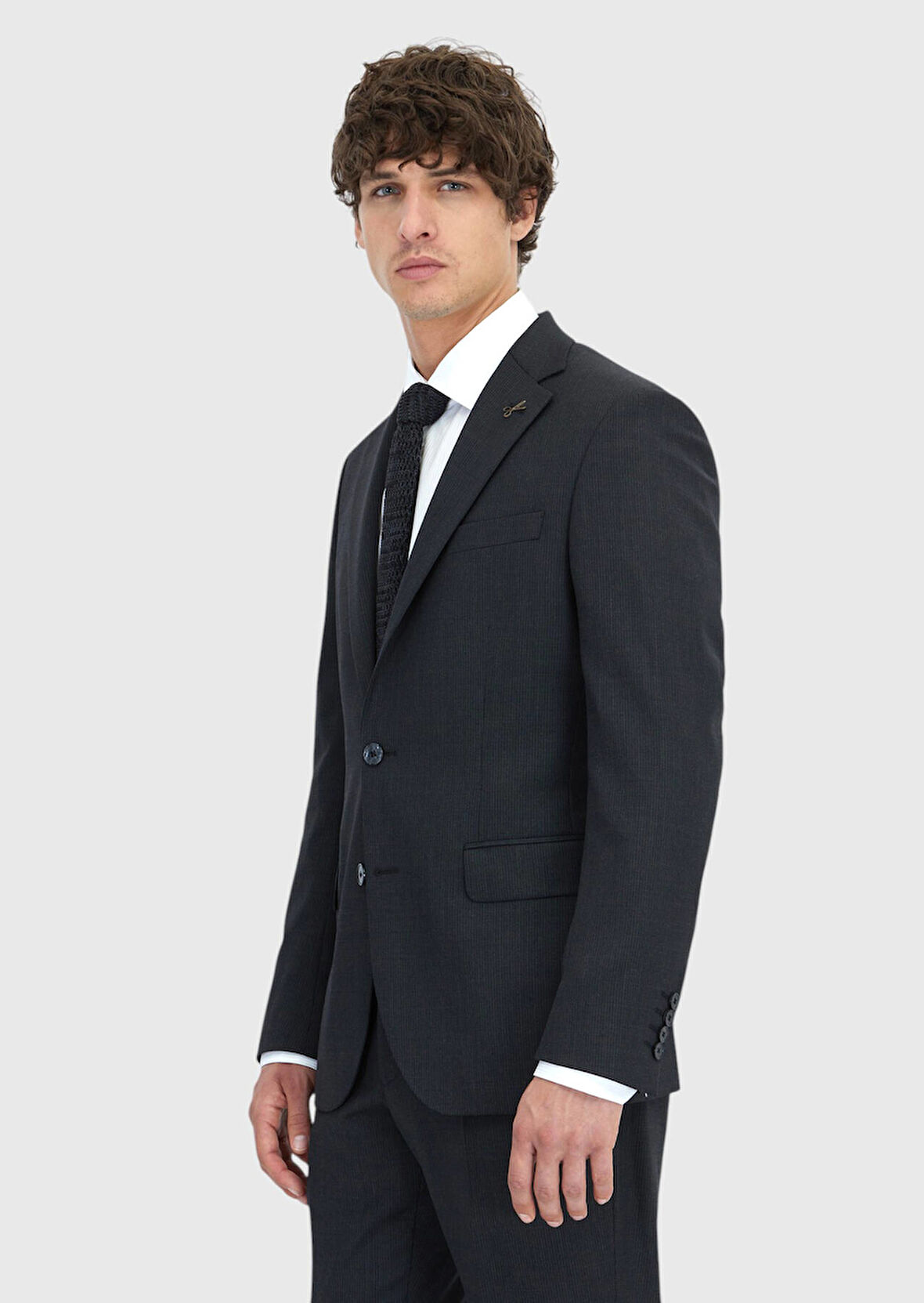 Antrasit Çizgili Modern Fit Yün Karışımlı Takım Elbise