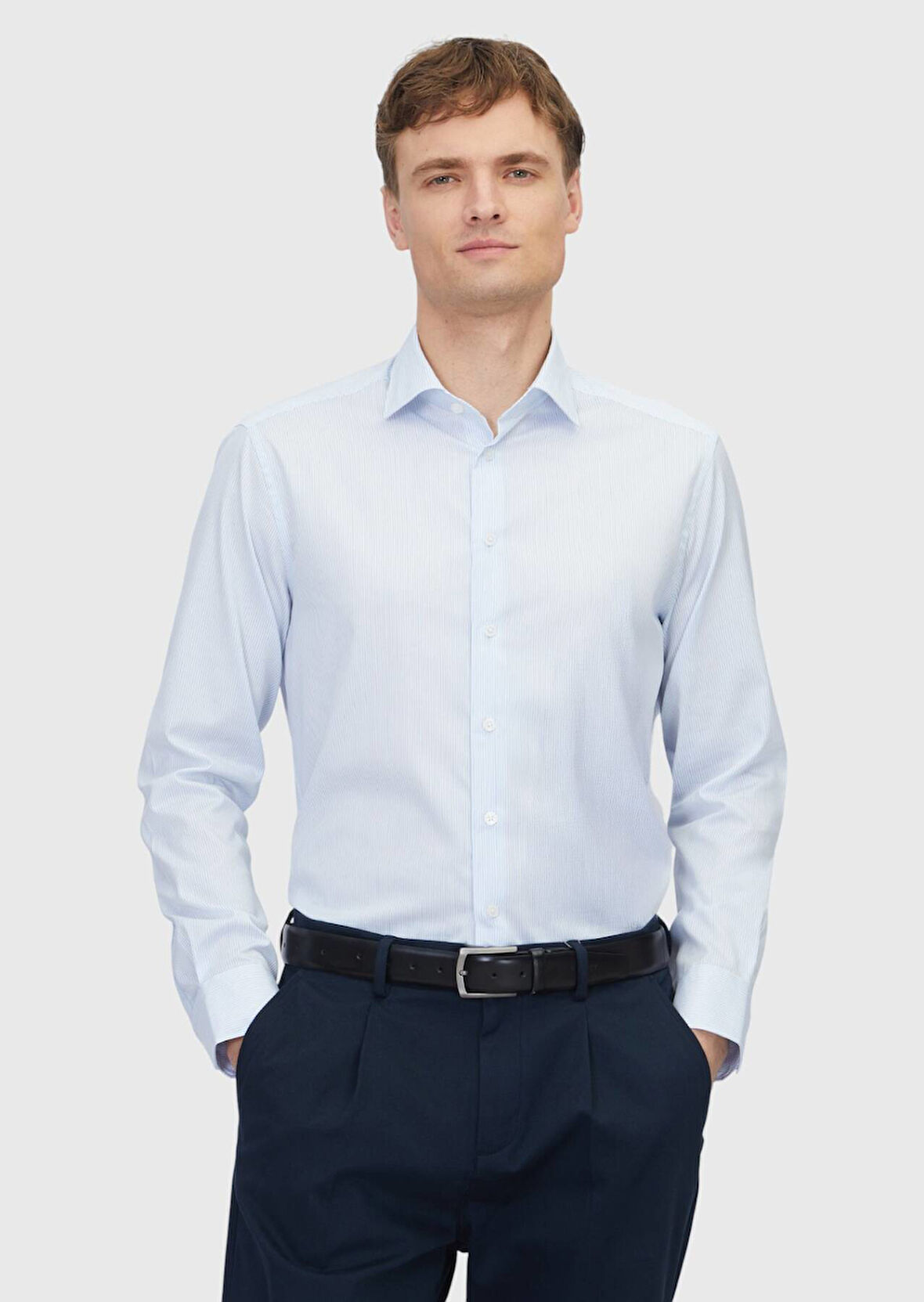 Açık Mavi Regular Fit Dokuma Klasik %100 Pamuk Gömlek