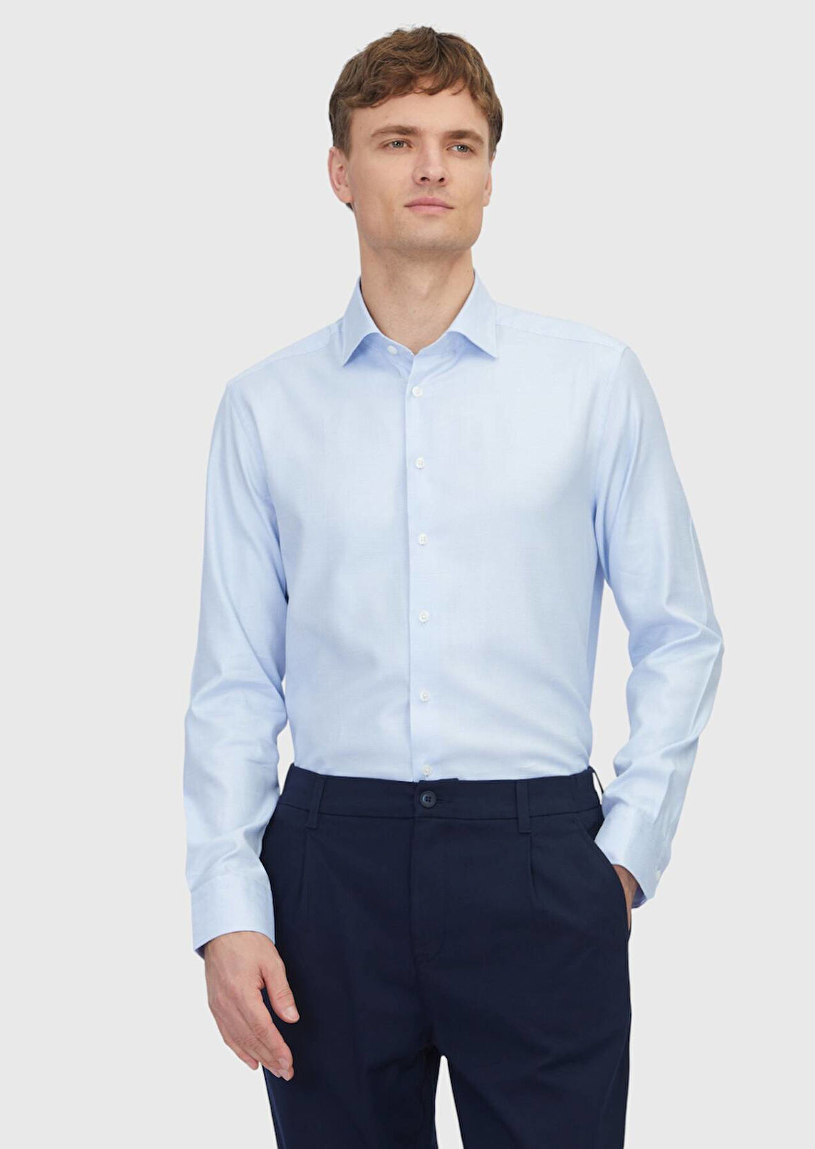 Açık Mavi Regular Fit Dokuma Klasik Pamuk Karışımlı Gömlek