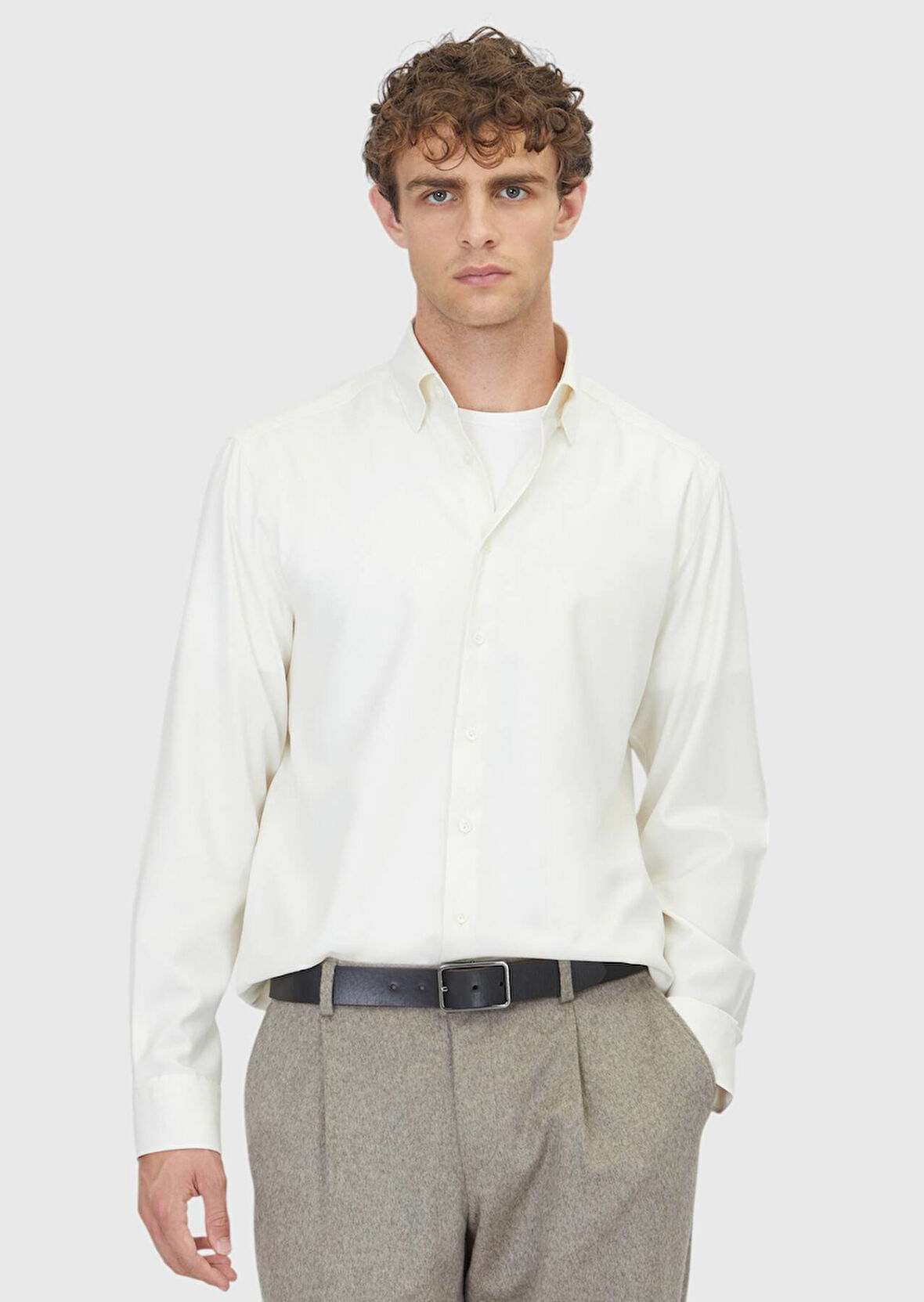 Ekru Düz Casual Fit Dokuma Casual İpek Karışımlı Gömlek