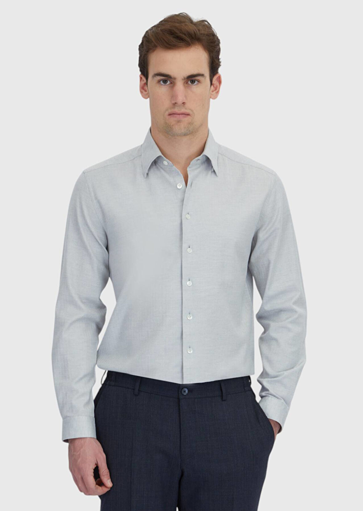 Açık Gri Desenli Casual Fit Dokuma Casual %100 Pamuk Gömlek