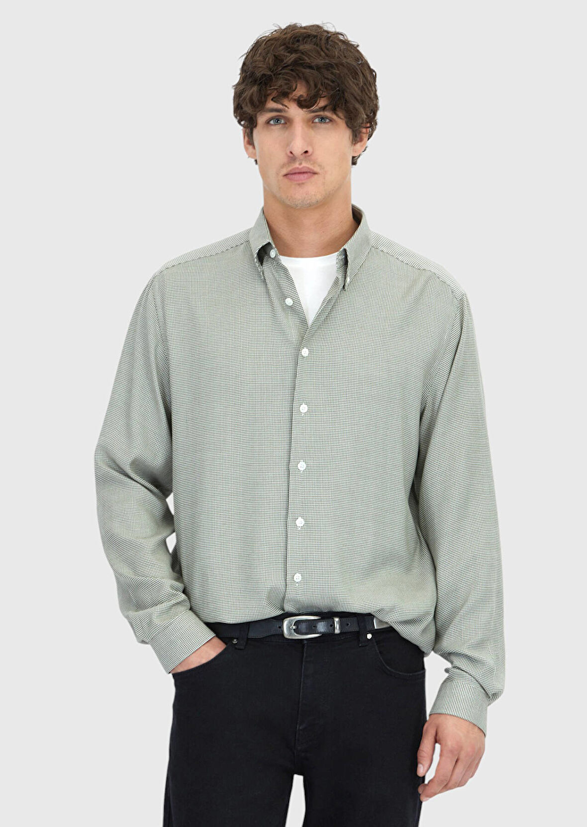 Haki Casual Fit Dokuma Casual Pamuk Karışımlı Gömlek