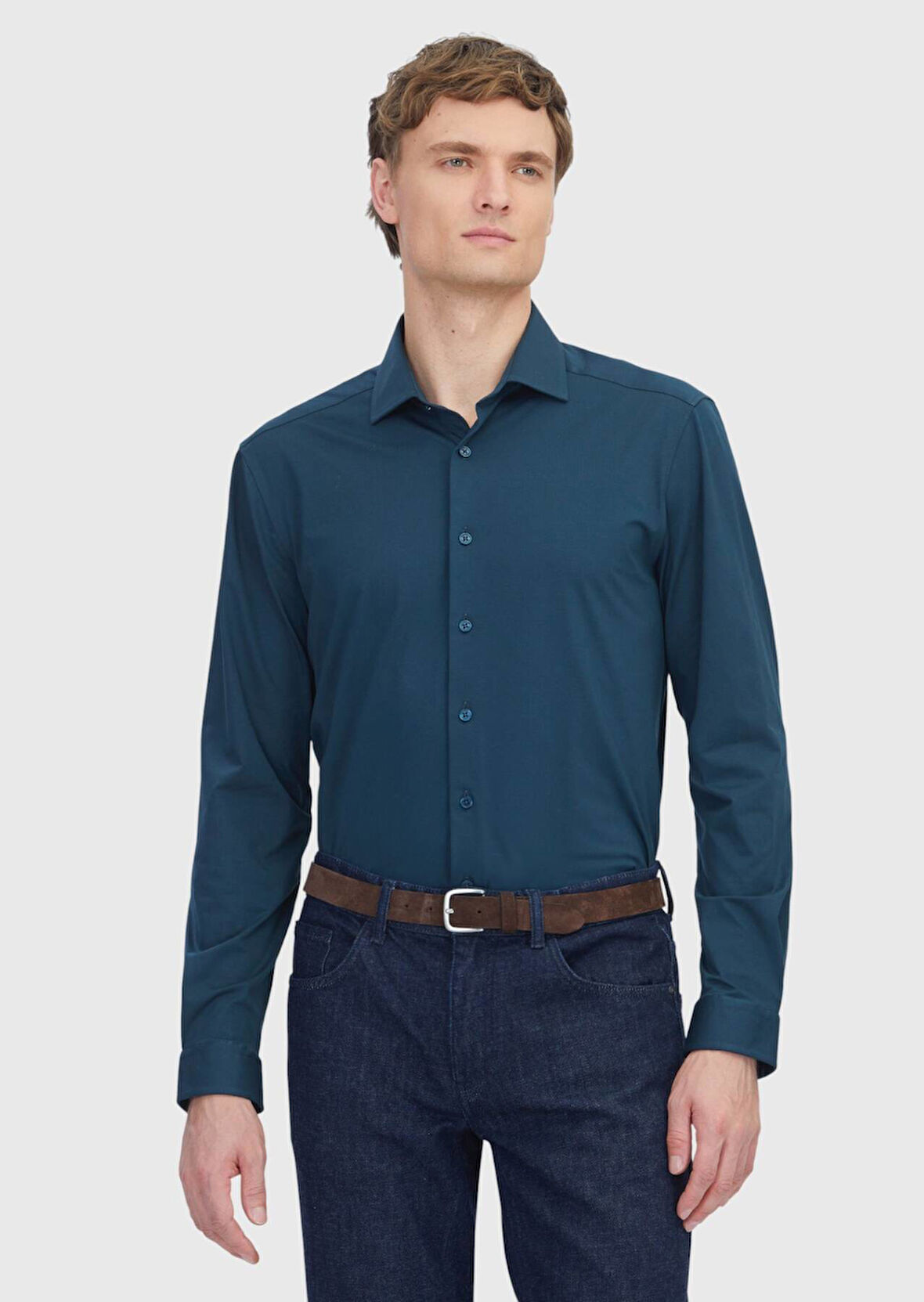 Petrol Düz Regular Fit Casual Pamuk Karışımlı Gömlek
