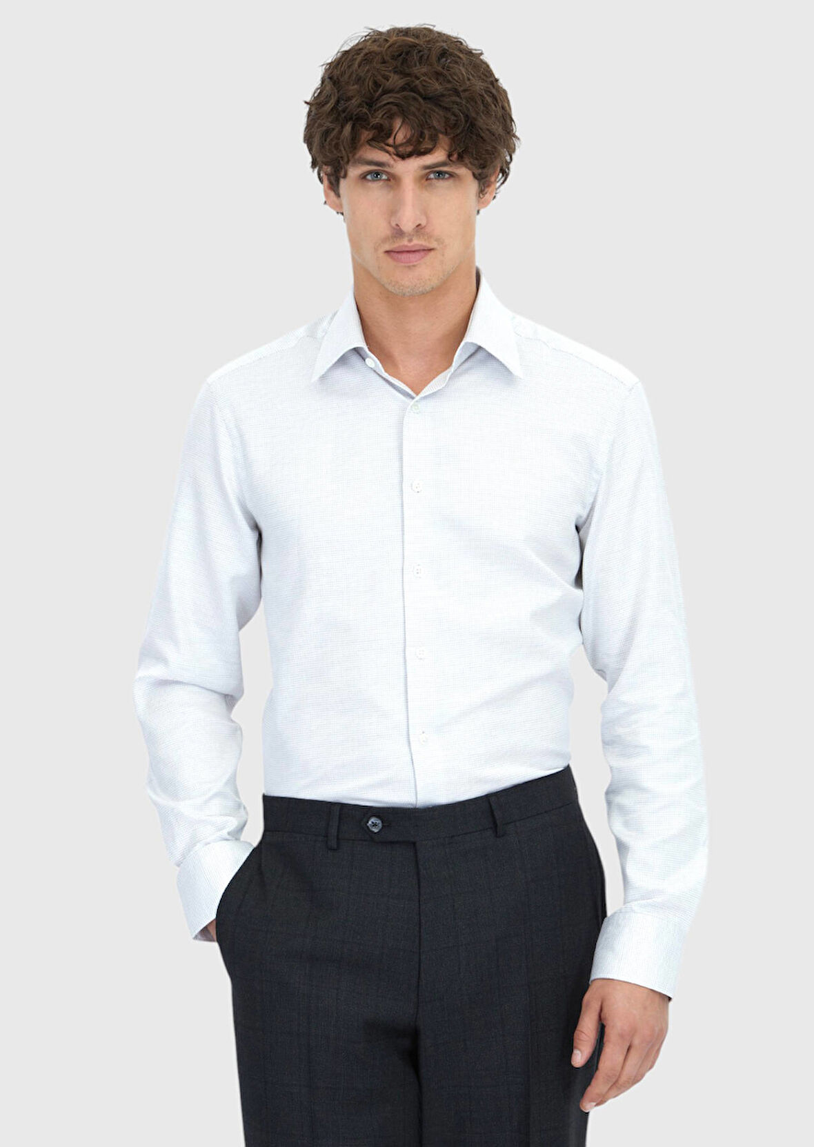 Açık Gri Desenli Regular Fit Dokuma Klasik %100 Pamuk Gömlek