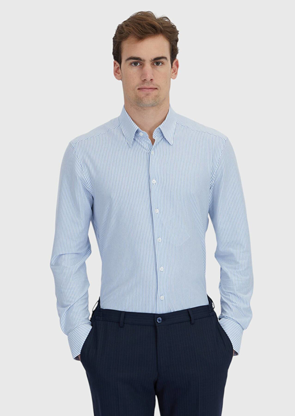 Açık Mavi Çizgili Regular Fit Klasik Pamuk Karışımlı Gömlek