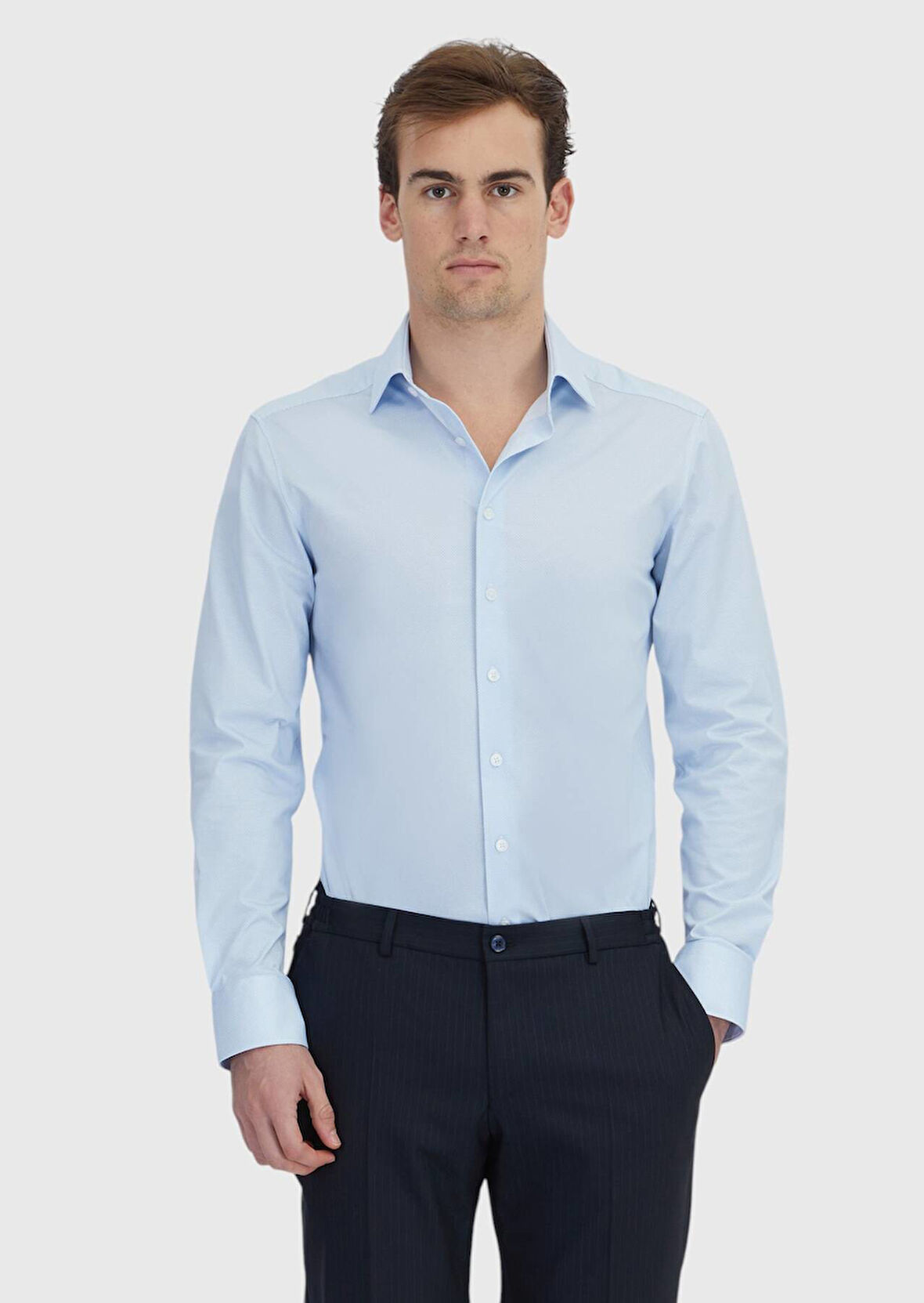 Açık Mavi Baskılı Regular Fit Klasik Pamuk Karışımlı Gömlek