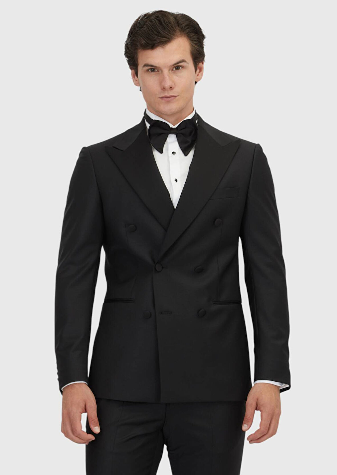 Siyah Slim Fit Kruvaze Yaka Dokuma Smokin Takım Elbise