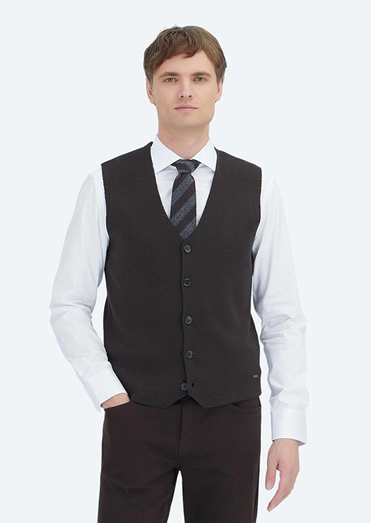 Kahverengi Regular Fit V Yaka Casual Örme Triko Yelek