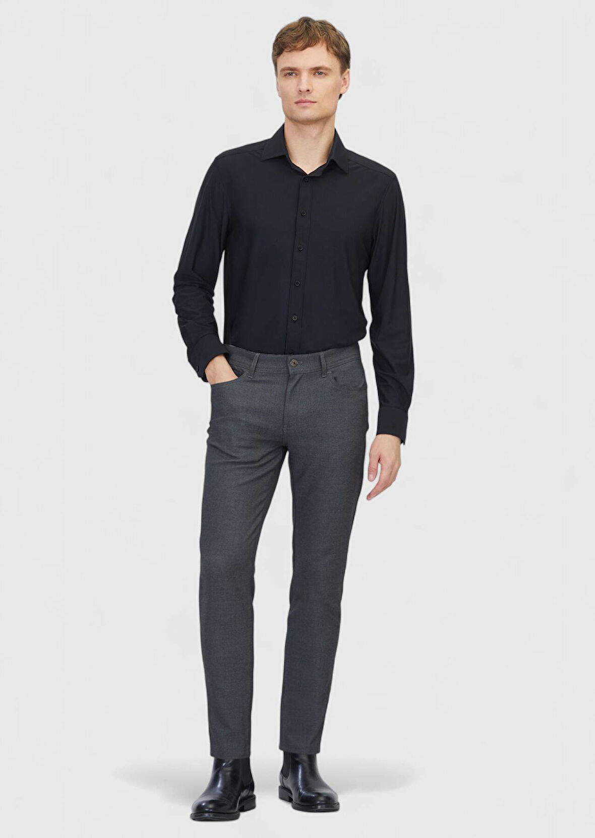 Gri Düz Dokuma Slim Fit Casual Pantolon