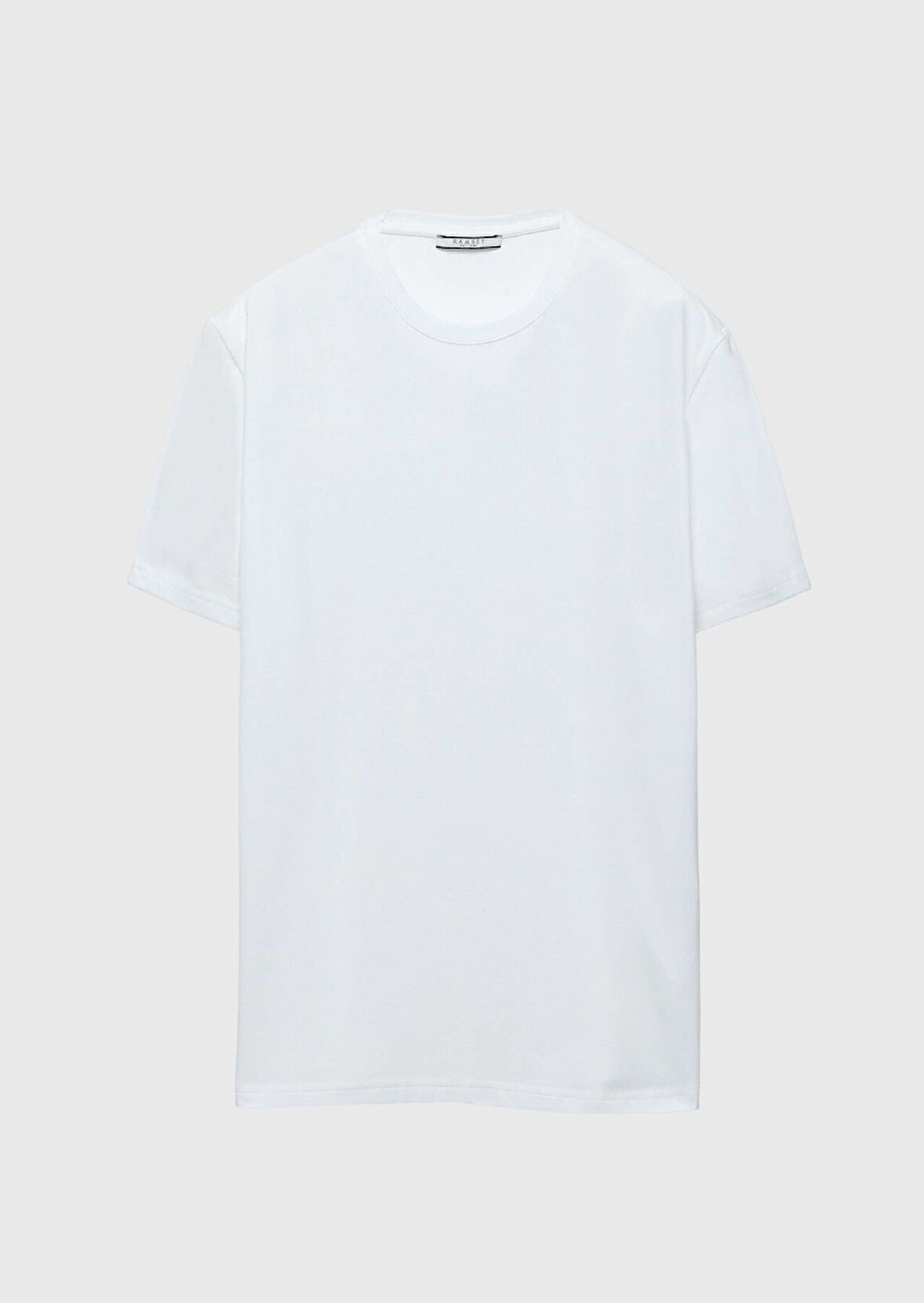 Beyaz Düz Bisiklet Yaka Pamuk Karışımlı T-Shirt