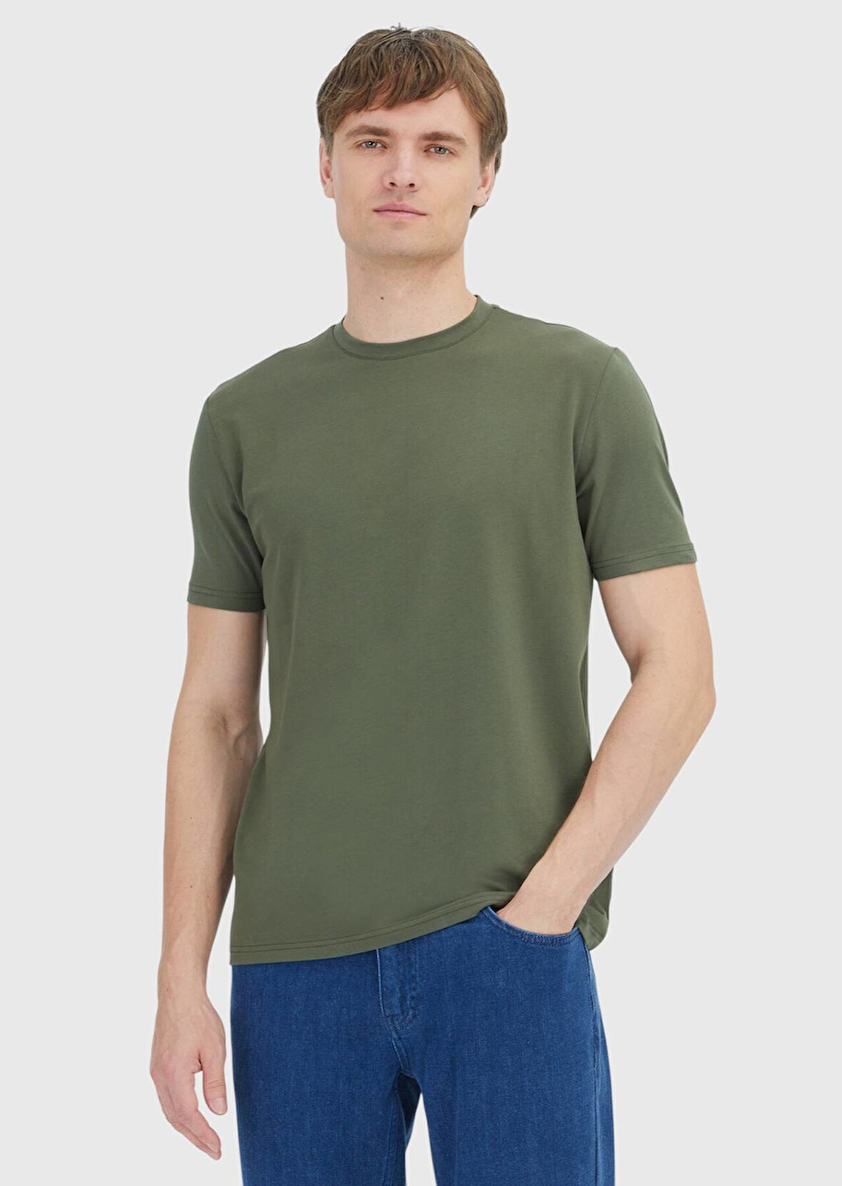 Haki Düz Bisiklet Yaka Pamuk Karışımlı T-Shirt