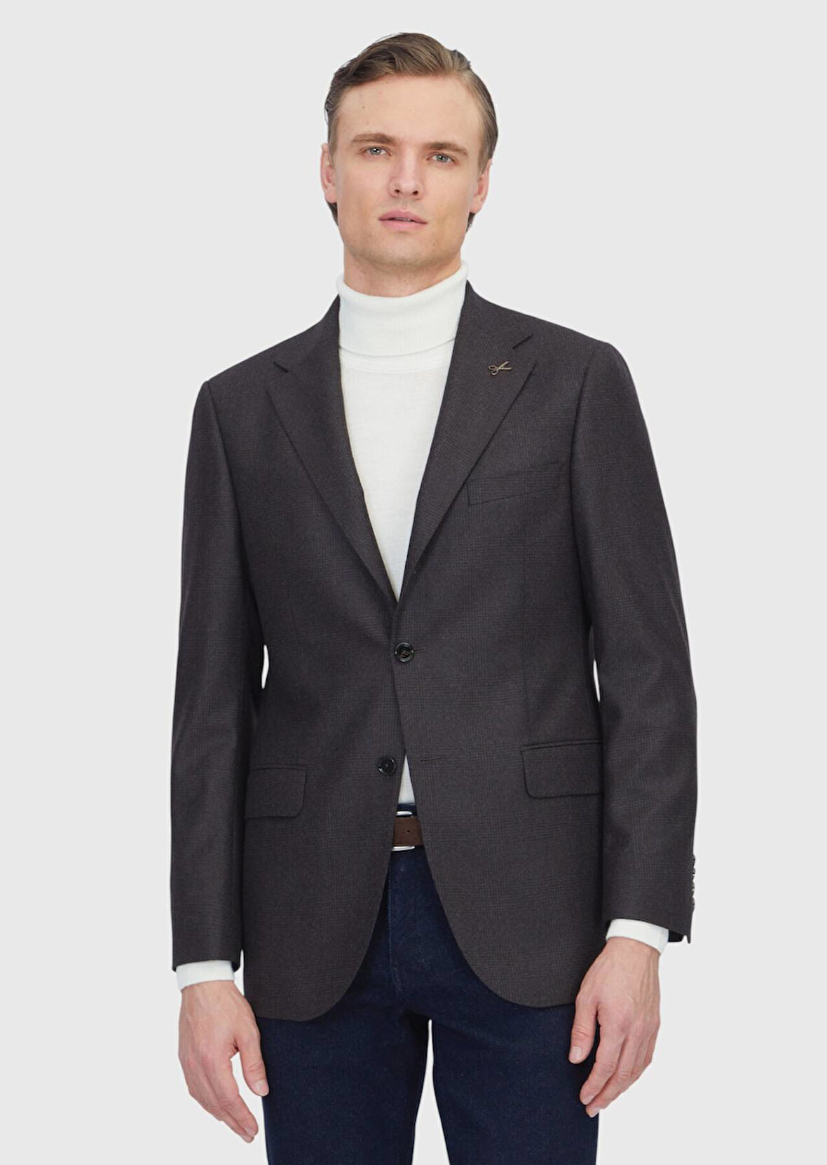 Kahverengi Desenli Regular Fit %100 Yün Ceket