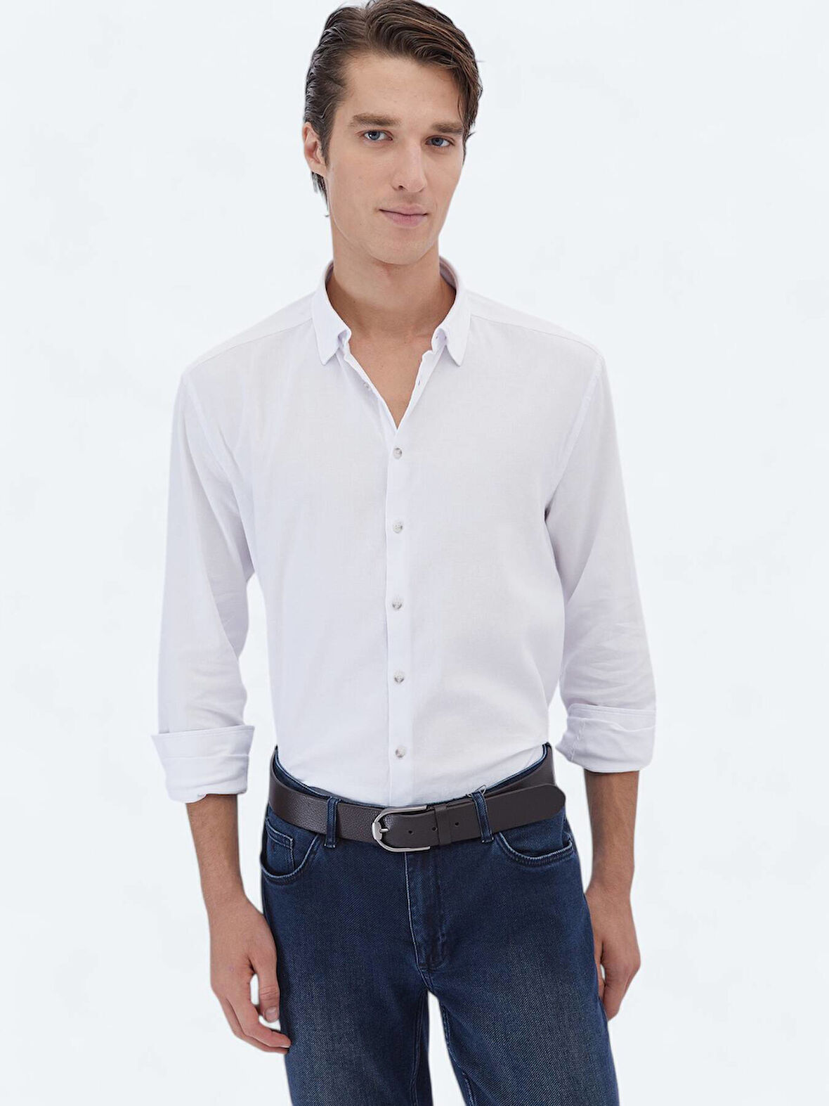 Beyaz Düz Regular Fit Dokuma Casual Pamuk Karışımlı Gömlek