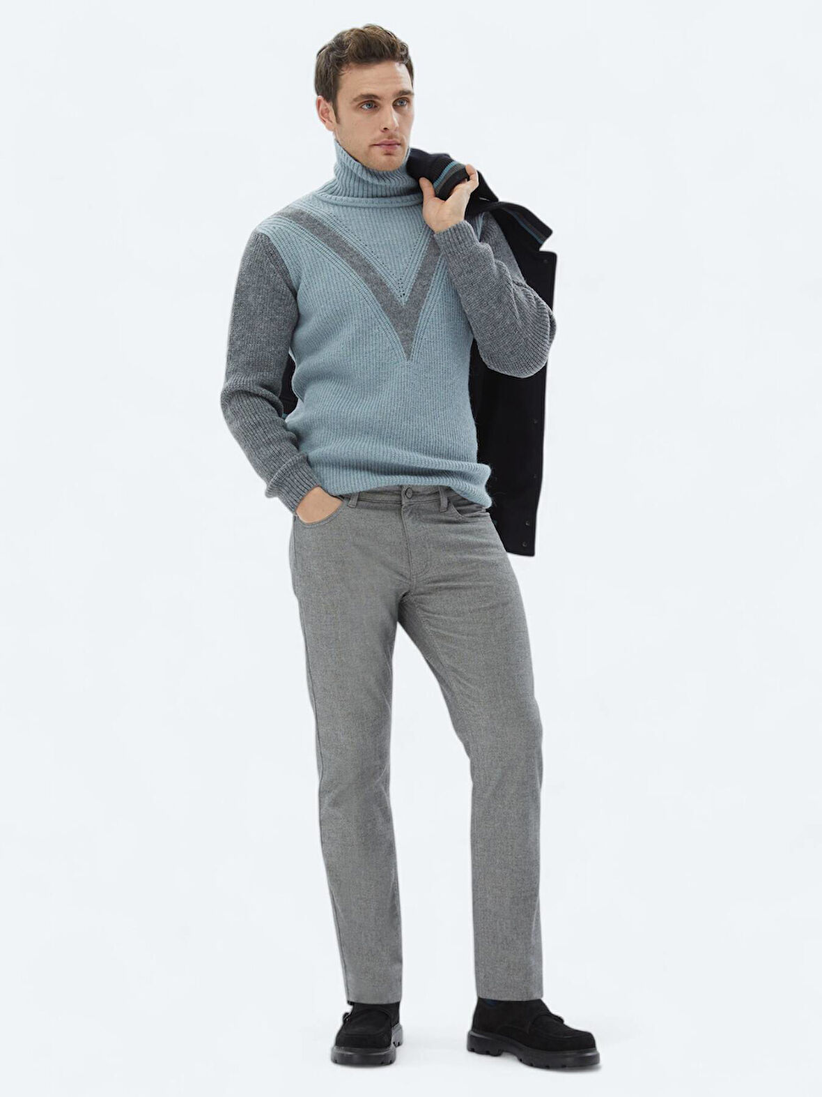 Gri Dokuma Slim Fit Casual Pamuk Karışımlı Pantolon