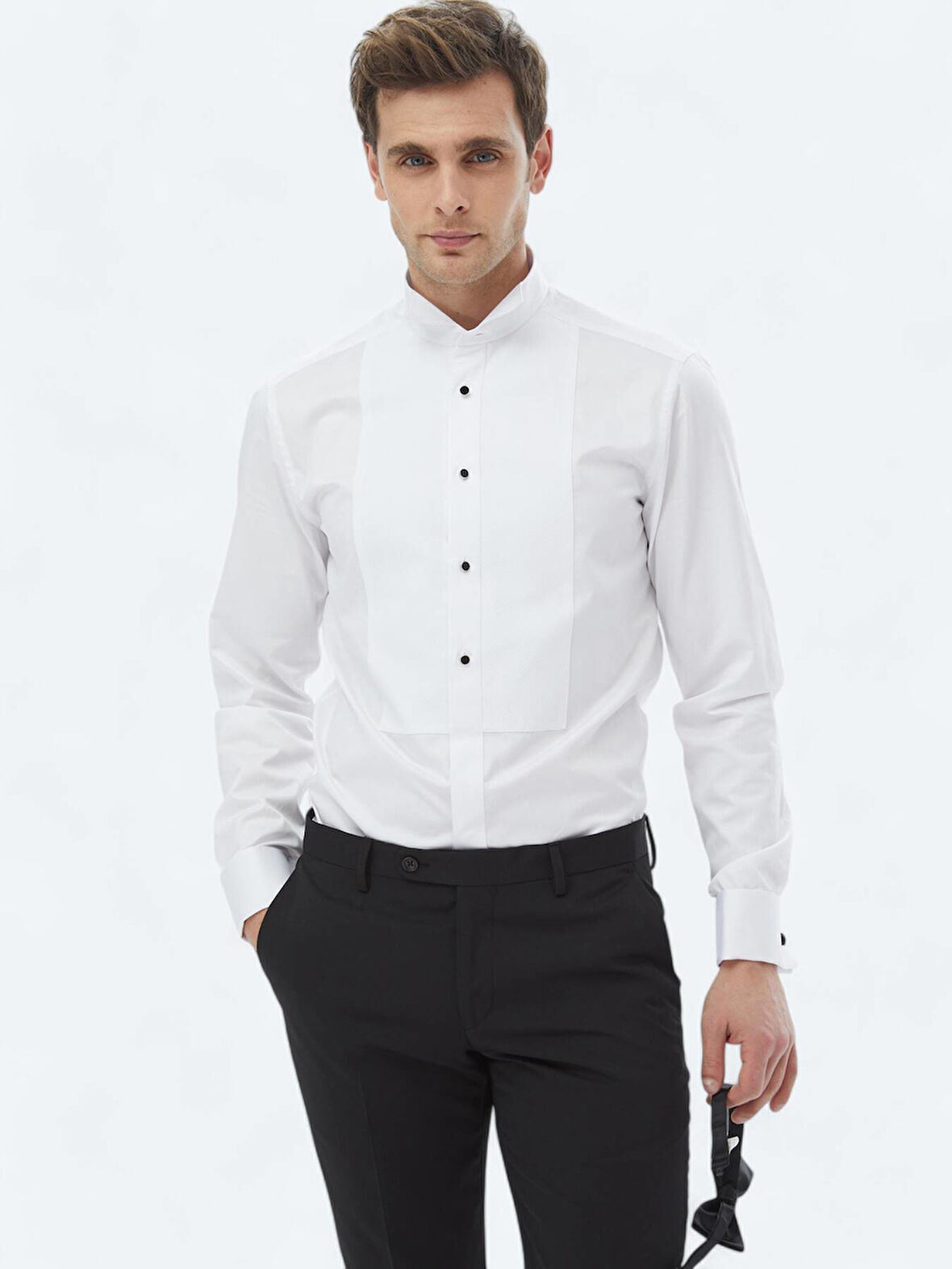 Beyaz Düz Slim Fit Duble Manşet Ata Yaka Smokin Gömlek