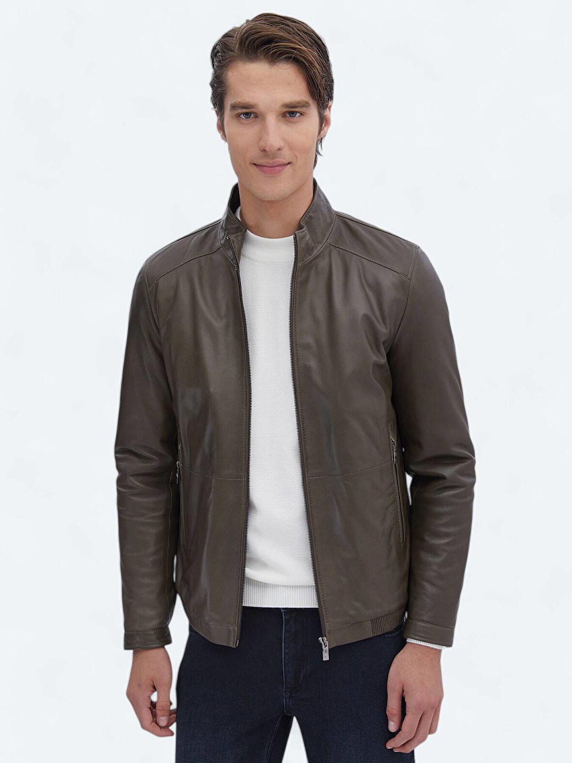 Vizon Regular Fit Dik Yaka Smart Casual Koyun Derisi Deri Mont