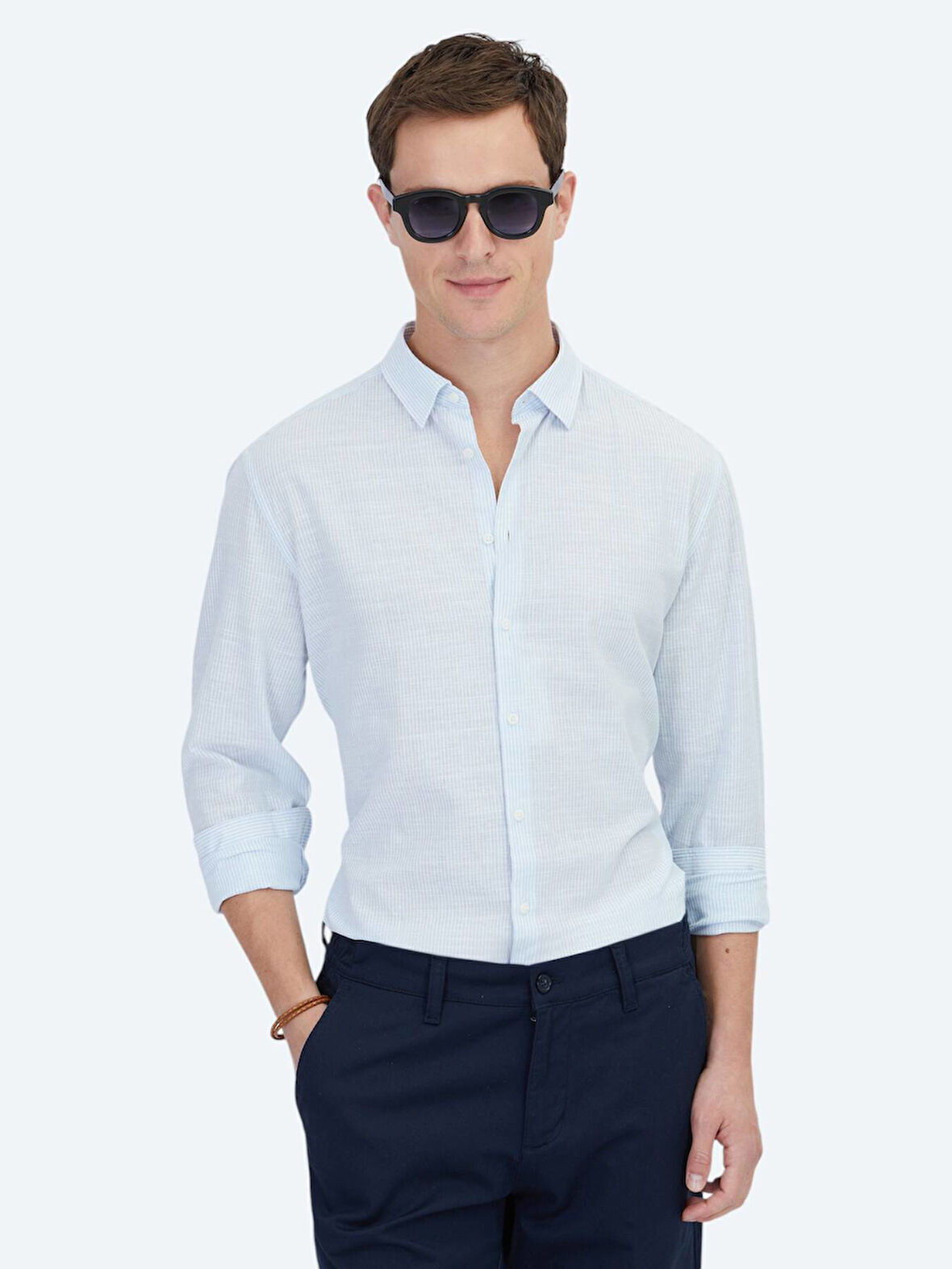 Açık Mavi Çizgili Regular Fit Dokuma Casual Pamuk Karışımlı Gömlek