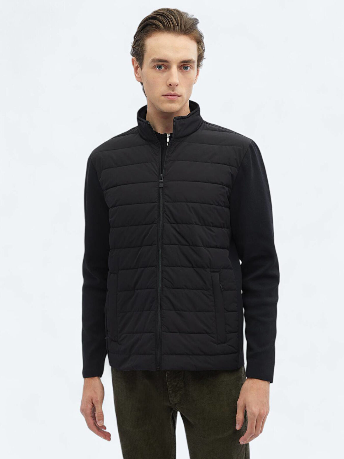 Siyah Regular Fit Dik Yaka Casual Dokuma Mont
