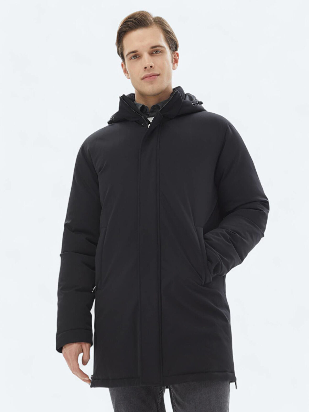 Siyah Comfort Fit Kapüşonlu Casual Dokuma Kaban