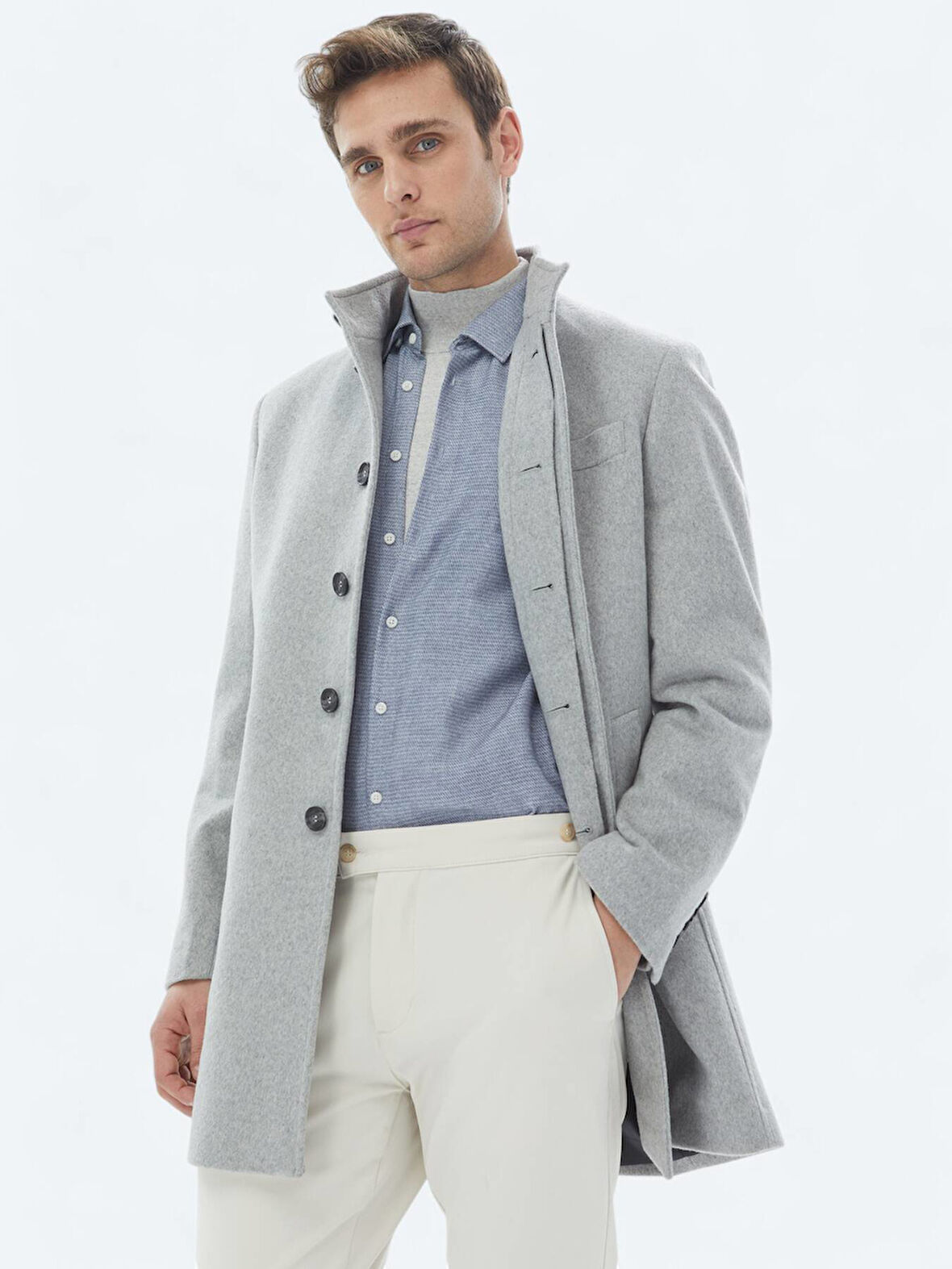 Gri Regular Fit Dik Yaka Klasik Dokuma Palto