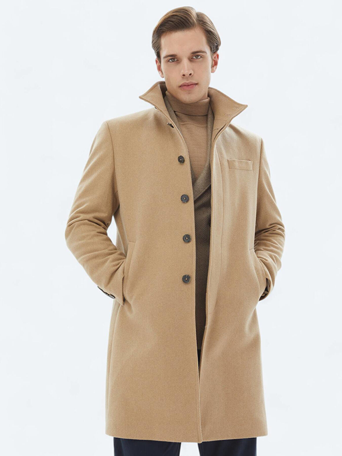 Deve Tüyü Regular Fit Dik Yaka Klasik Dokuma Palto