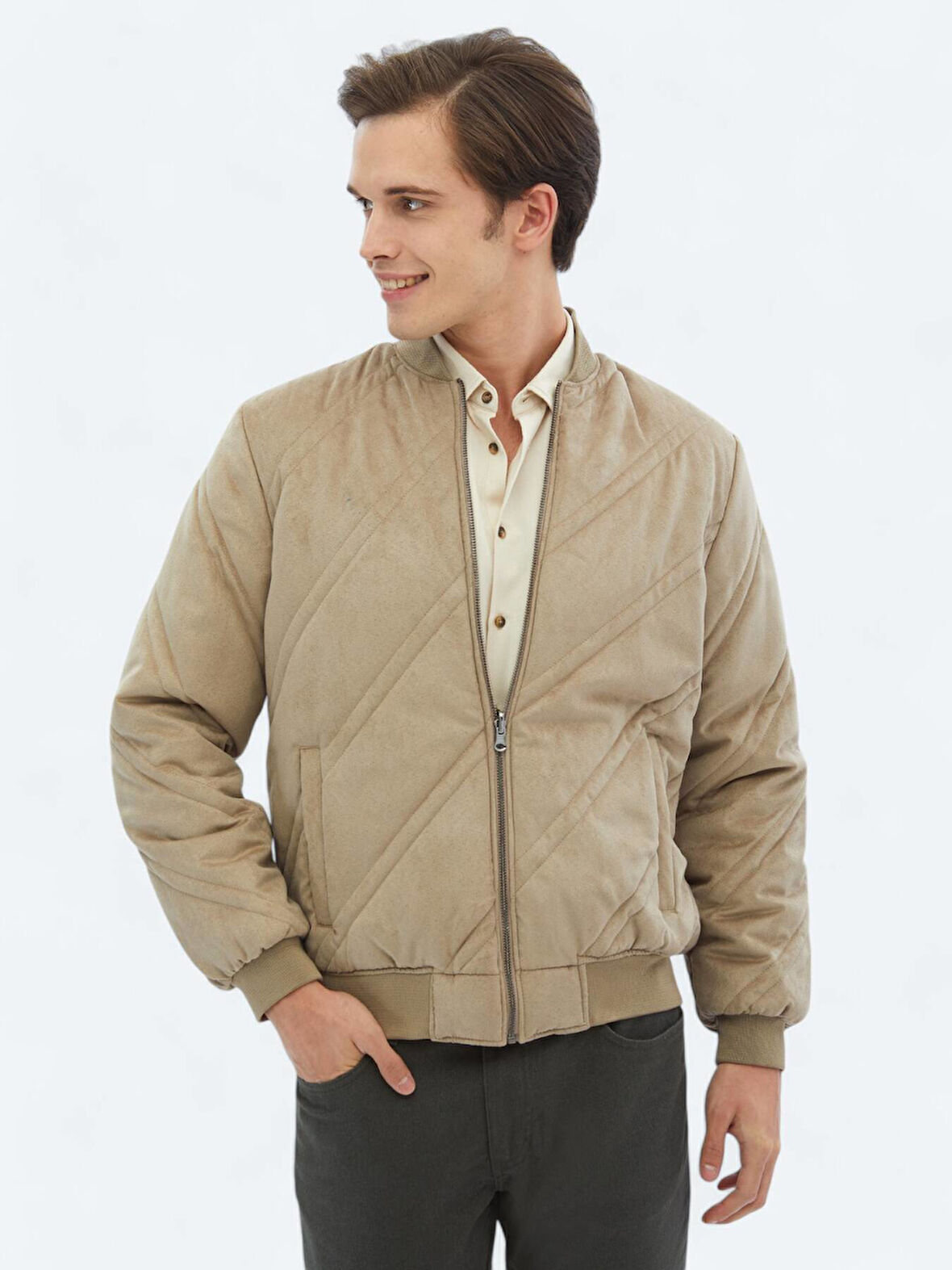 Bej Regular Fit Dik Yaka Casual Dokuma Mont