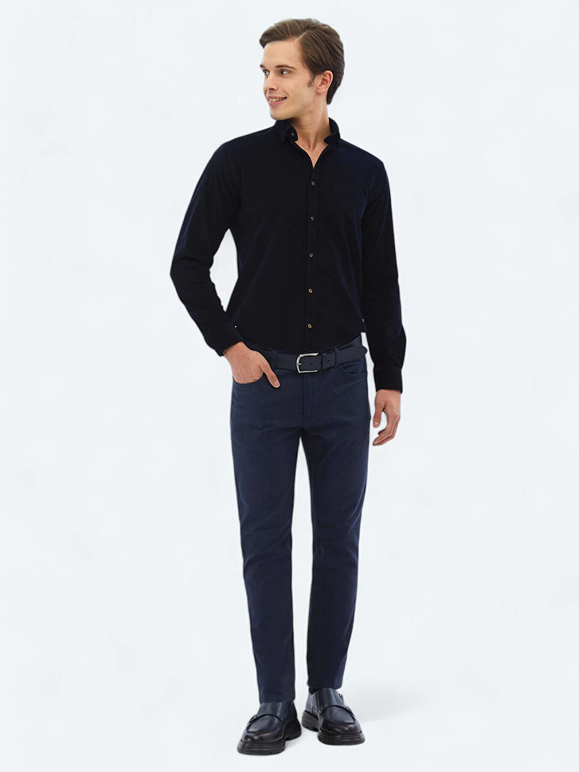 Lacivert Dokuma Slim Fit Casual Pamuk Karışımlı Pantolon