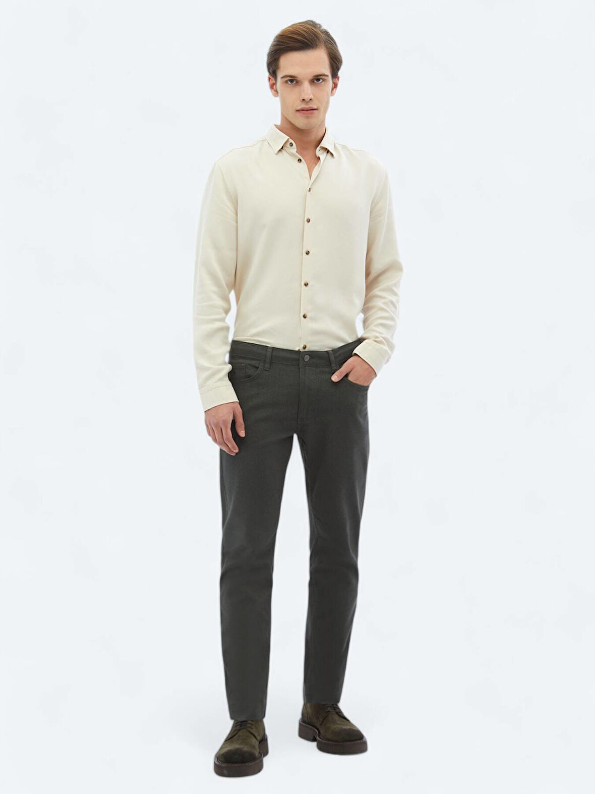 Haki Dokuma Slim Fit Casual Pamuk Karışımlı Pantolon