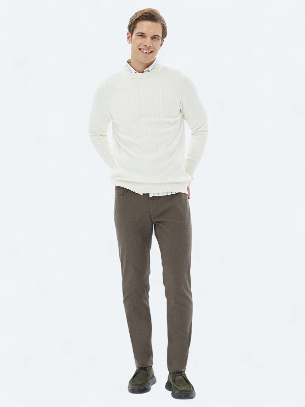 Açık Kahve Dokuma Slim Fit Casual Pamuk Karışımlı Pantolon