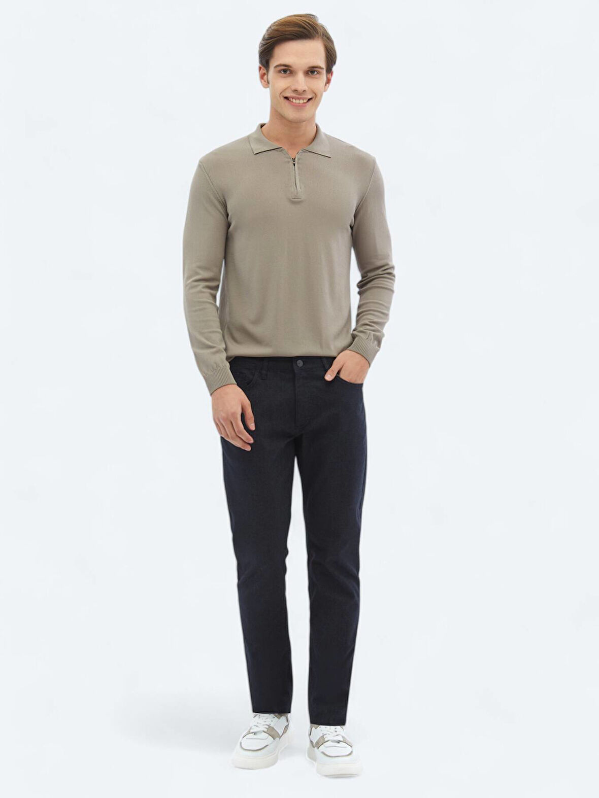 Lacivert Dokuma Slim Fit Casual Pamuk Karışımlı Pantolon