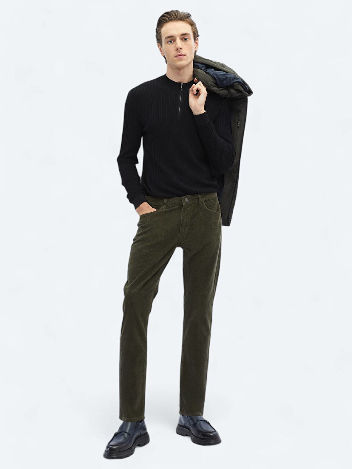 Haki Dokuma Slim Fit Kadife Casual Pamuk Karışımlı Pantolon