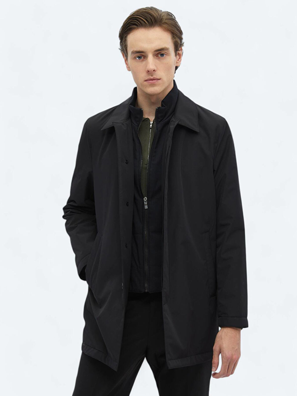 Siyah Regular Fit Bebe Yaka Casual Dokuma Pardesü