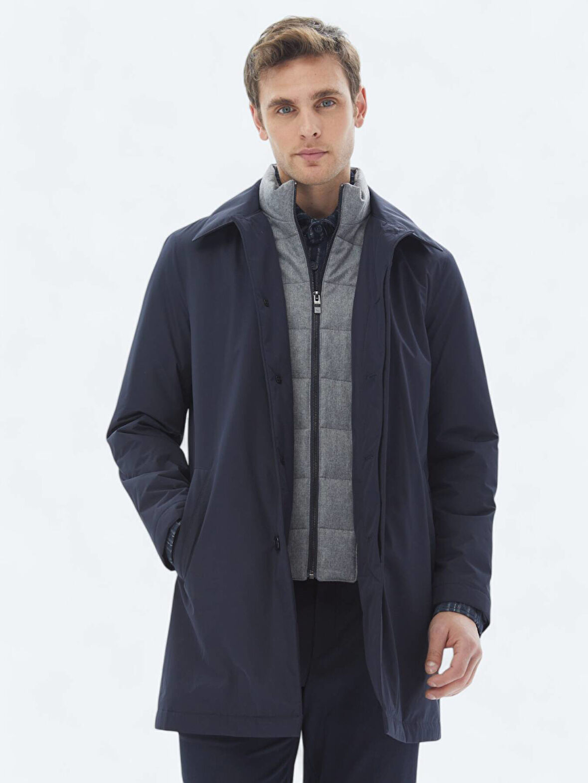 Lacivert Regular Fit Bebe Yaka Casual Dokuma Pardesü