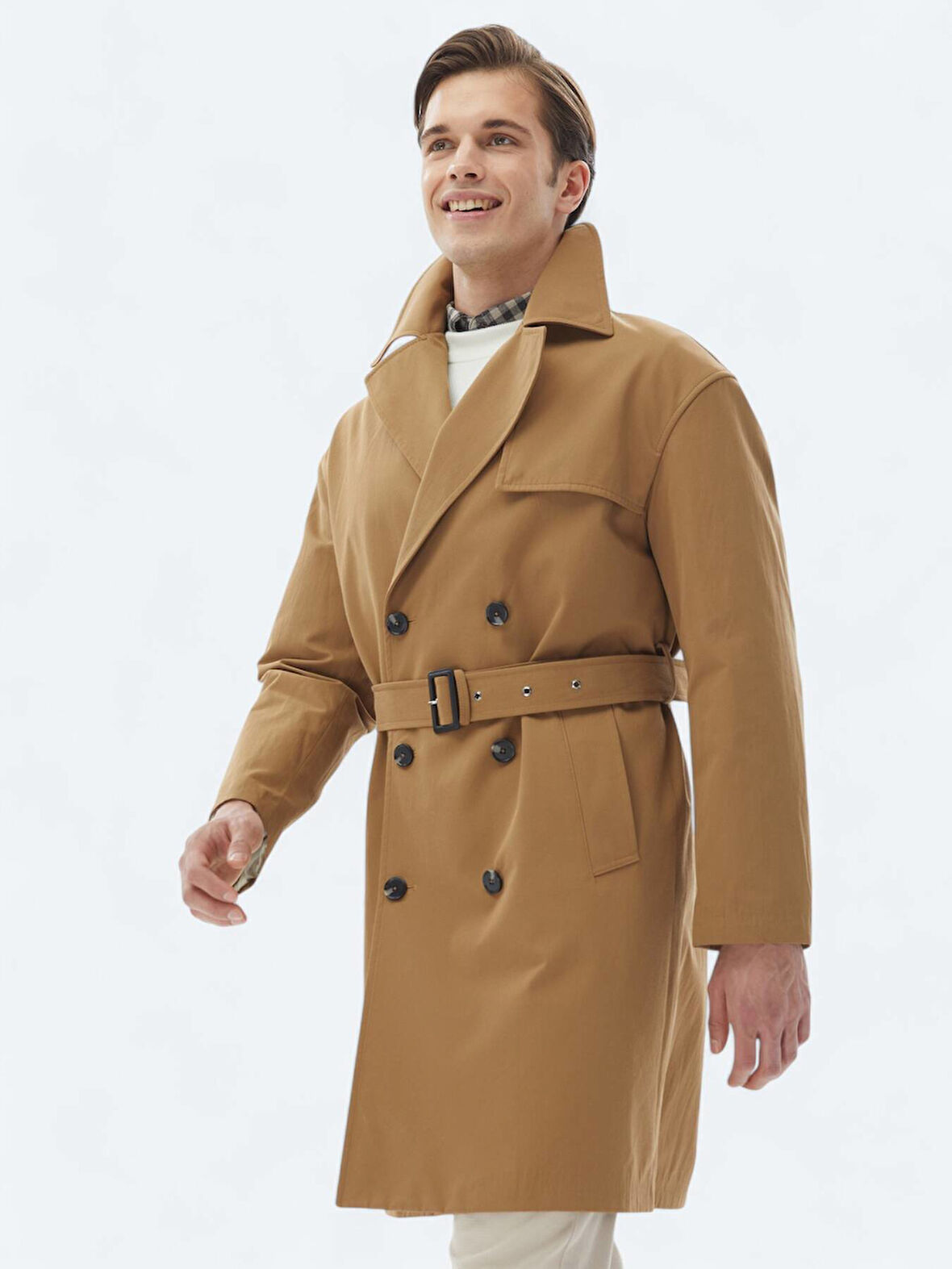 Deve Tüyü Oversize Fit Kruvaze Yaka Casual Dokuma Pardesü