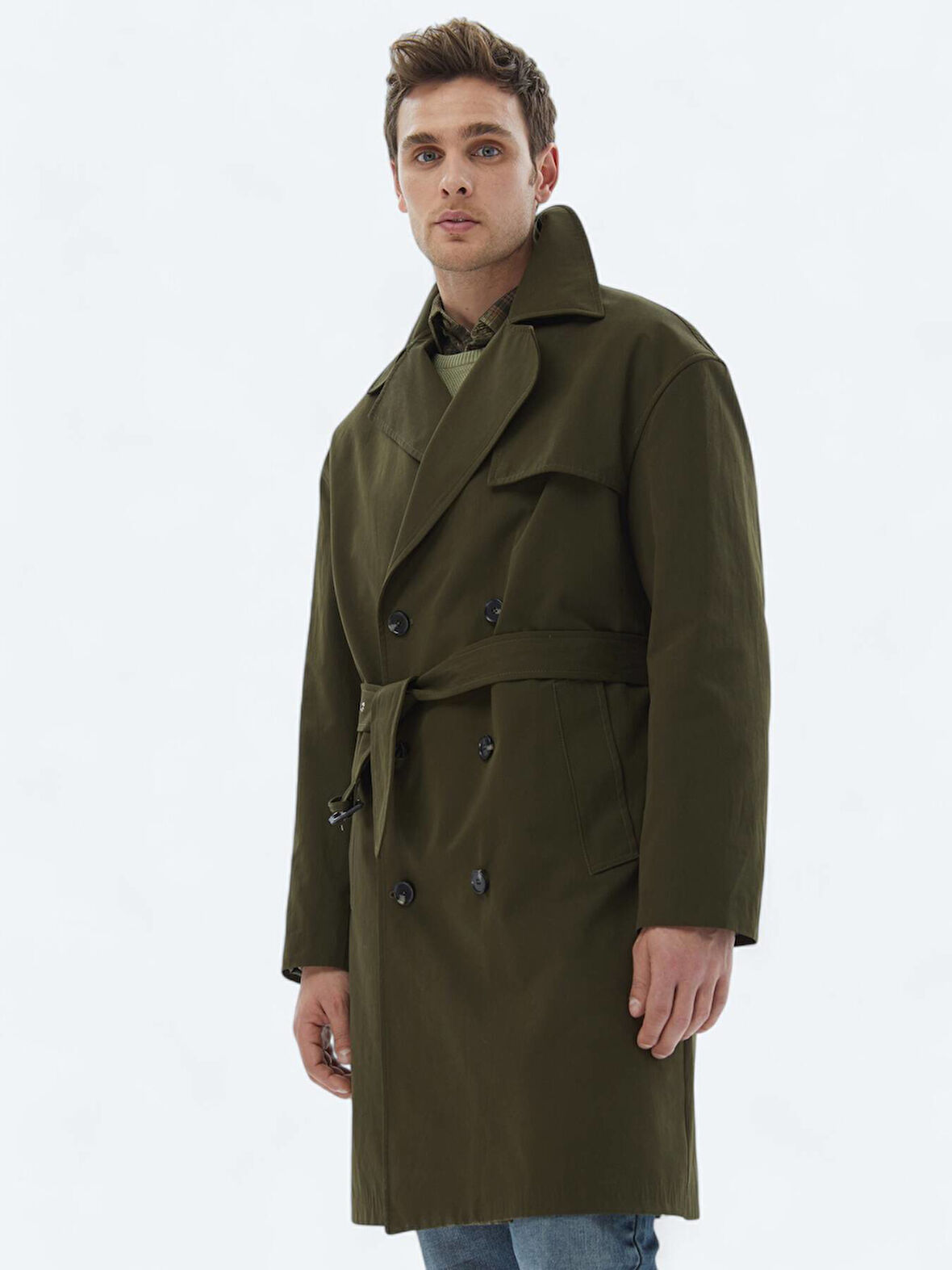 Haki Oversize Fit Kruvaze Yaka Casual Dokuma Pardesü