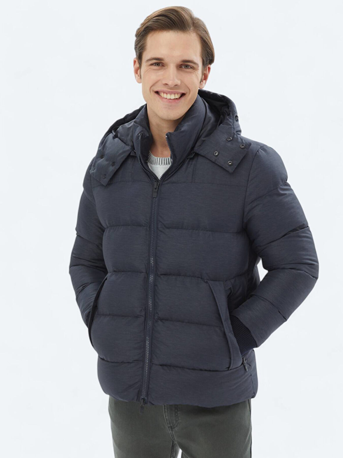 Lacivert Regular Fit Kapüşonlu Casual Dokuma Mont